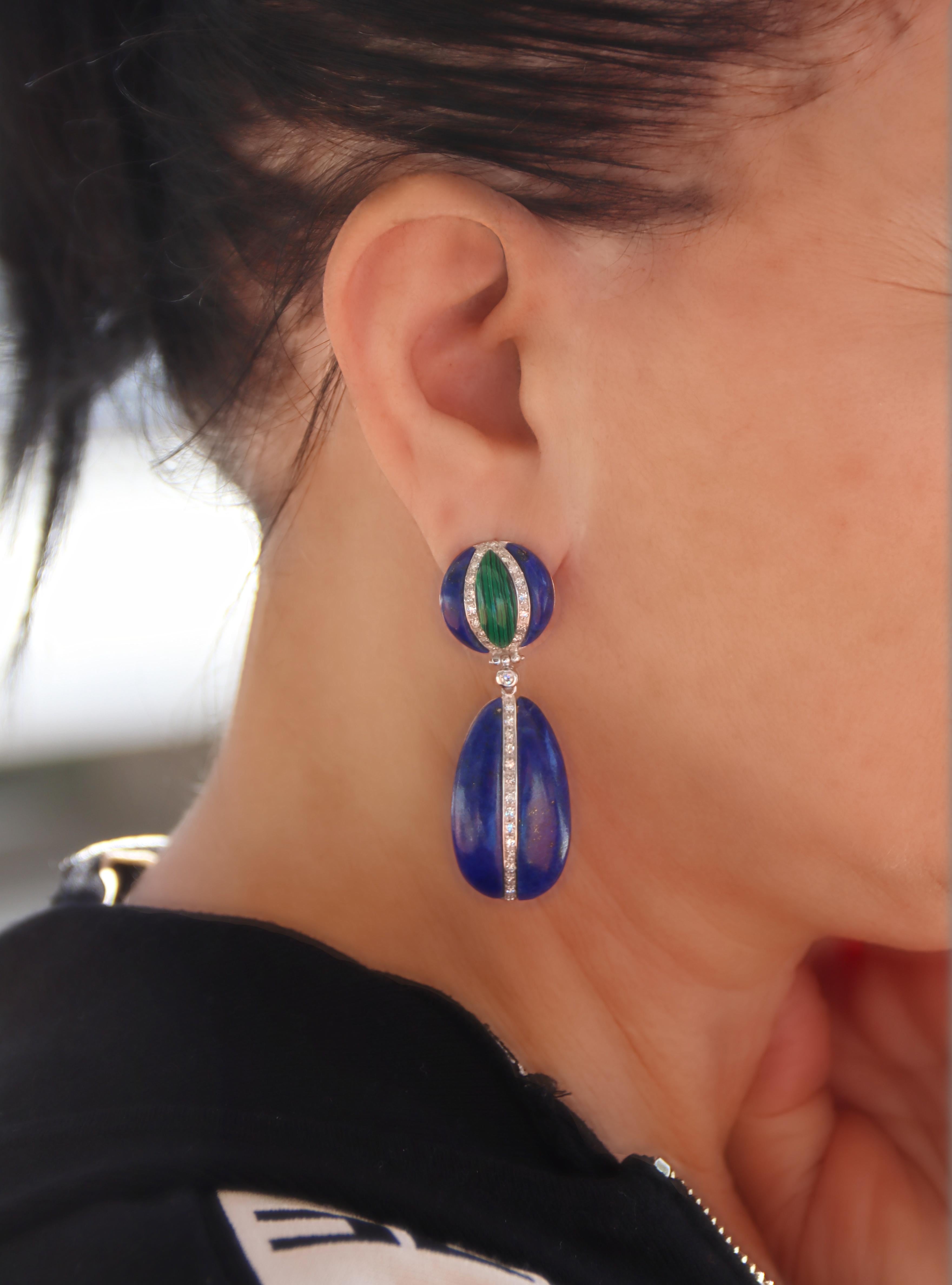 Diamonds Lapis Lazuli Malachite 18 Carat White Gold Drop Earrings For Sale 3