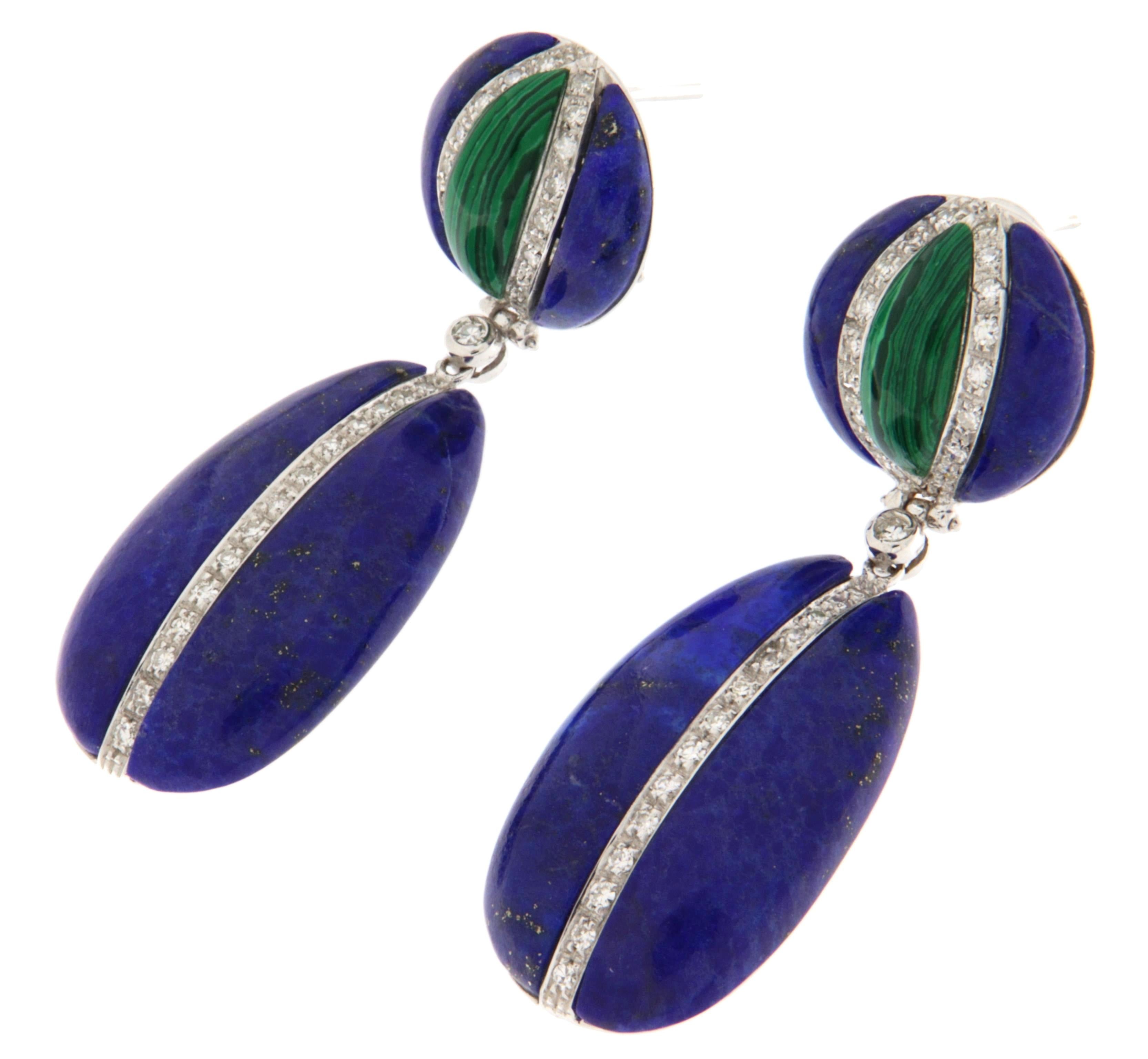 This is a truly spectacular pair of earrings, showcasing high Italian craftsmanship and a stunning color combination.

Grand Lapis Lazuli and Malachite Drop Earrings with Diamonds
A striking vision of color and luxury, this exceptional pair of