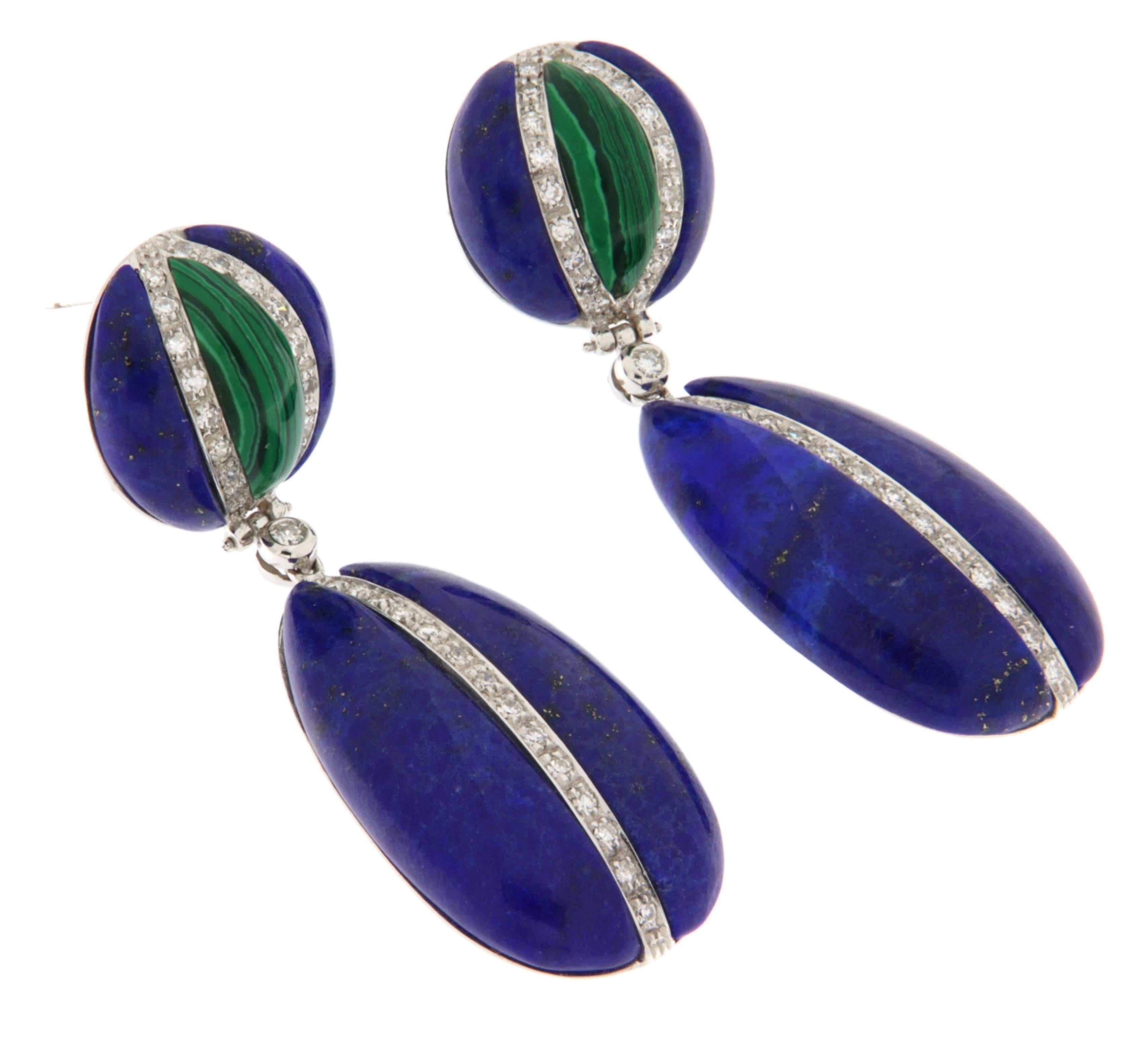 Artisan Diamonds Lapis Lazuli Malachite 18 Carat White Gold Drop Earrings For Sale
