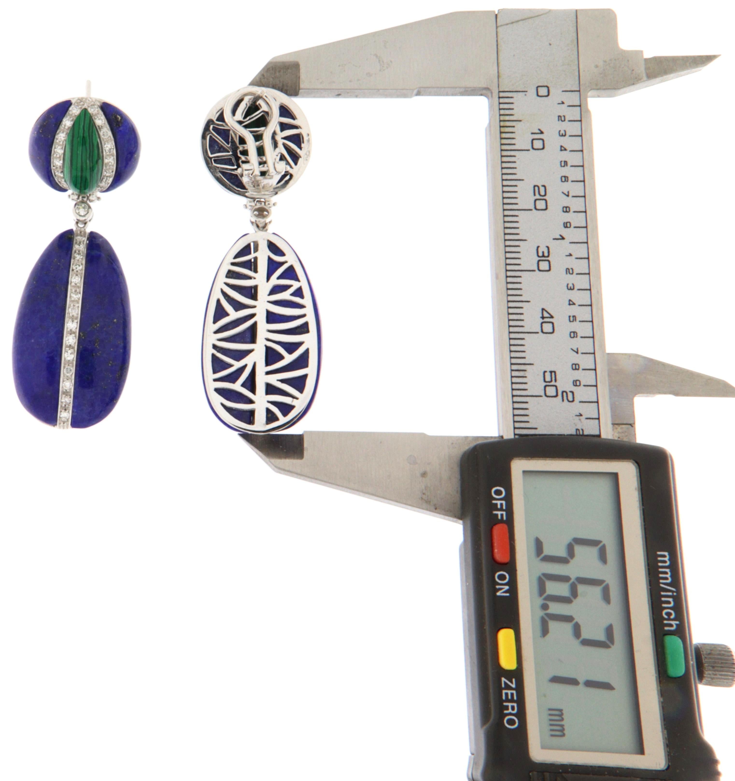 Diamonds Lapis Lazuli Malachite 18 Carat White Gold Drop Earrings In New Condition For Sale In Marcianise, IT