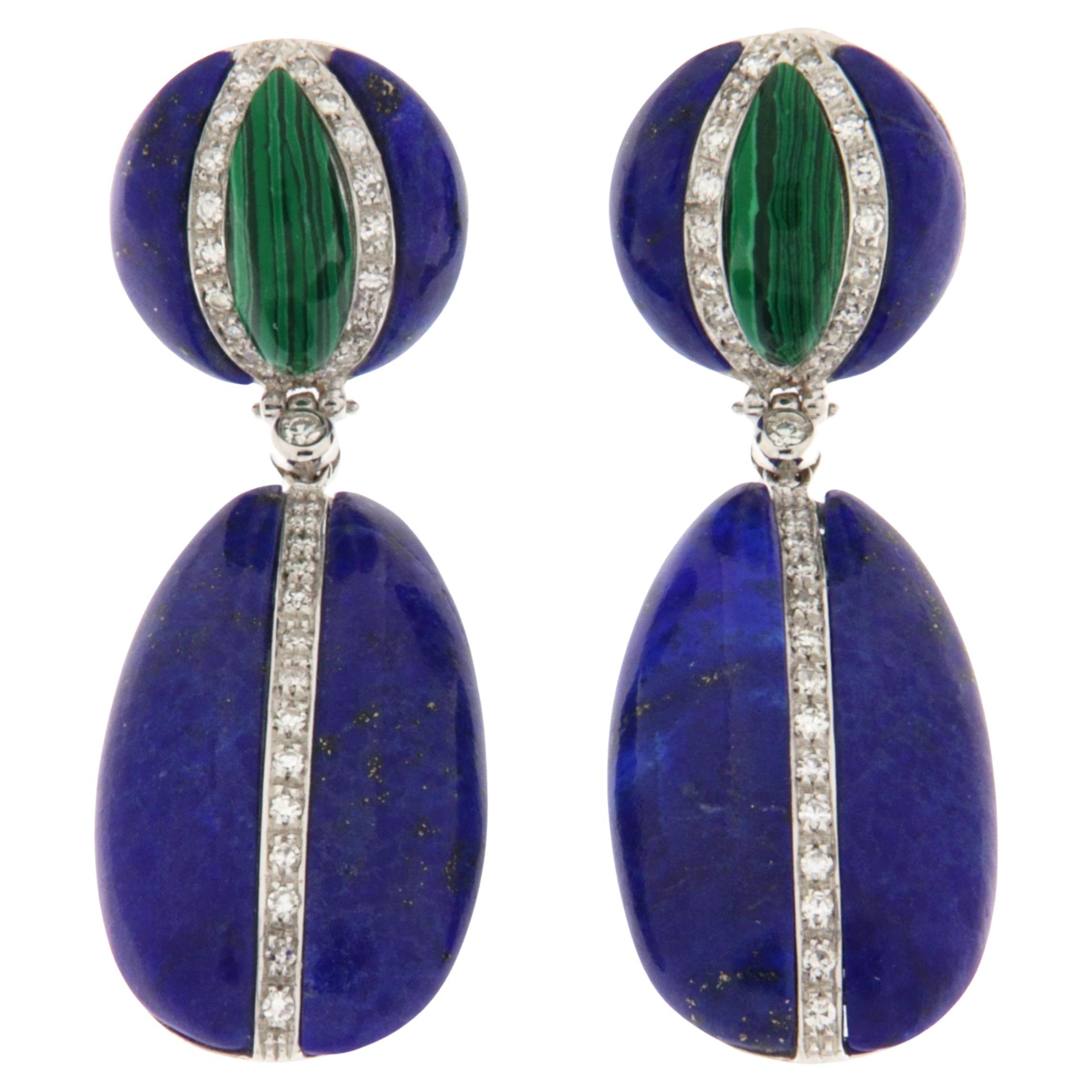 Diamonds Lapis Lazuli Malachite 18 Carat White Gold Drop Earrings For Sale