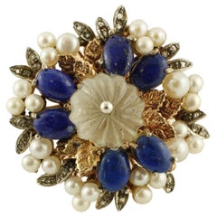 Diamonds, Lapis Lazuli, Rock Crystal, Pearls, 9 Karat Rose Gold and Silver Ring