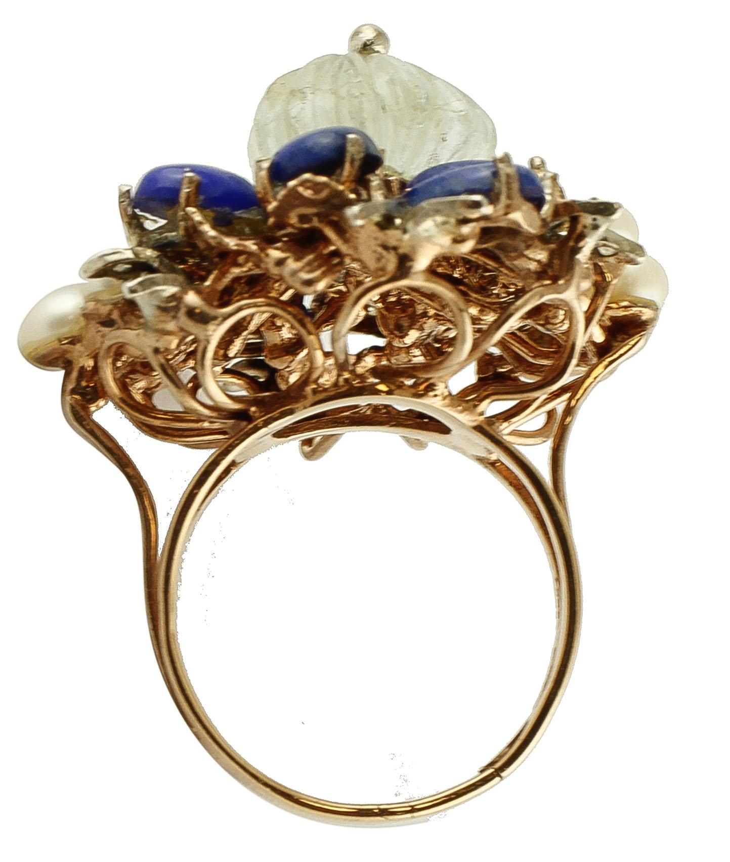 Mixed Cut Diamonds, Lapis Lazuli, Rock Crystal, Pearls, 9 Karat Rose Gold and Silver Ring For Sale