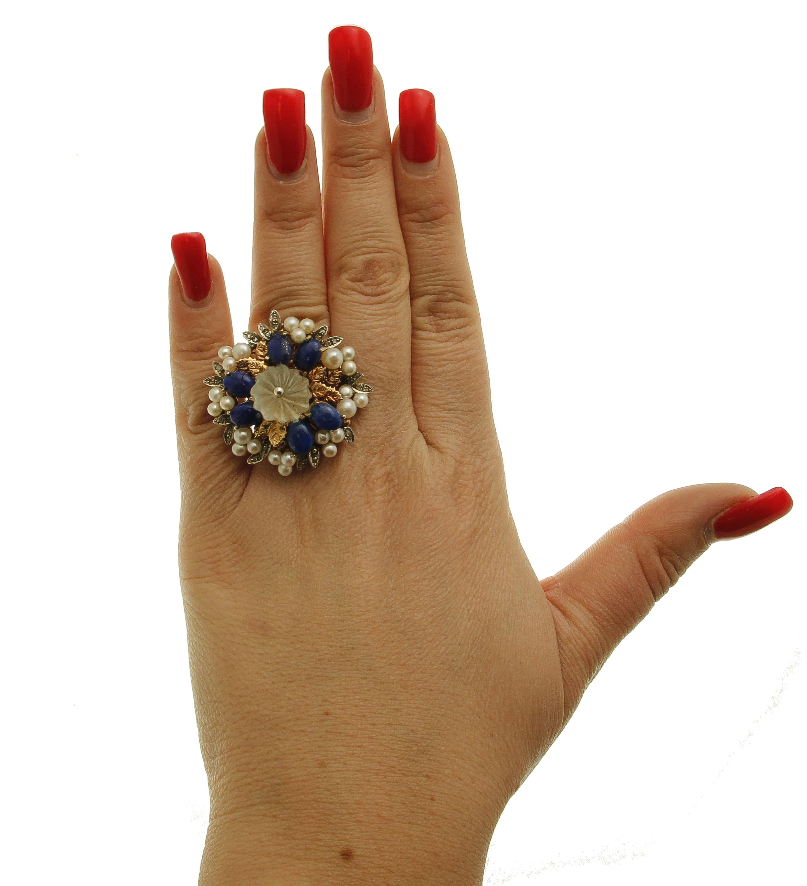 Diamonds, Lapis Lazuli, Rock Crystal, Pearls, 9 Karat Rose Gold and Silver Ring In Good Condition For Sale In Marcianise, Marcianise (CE)