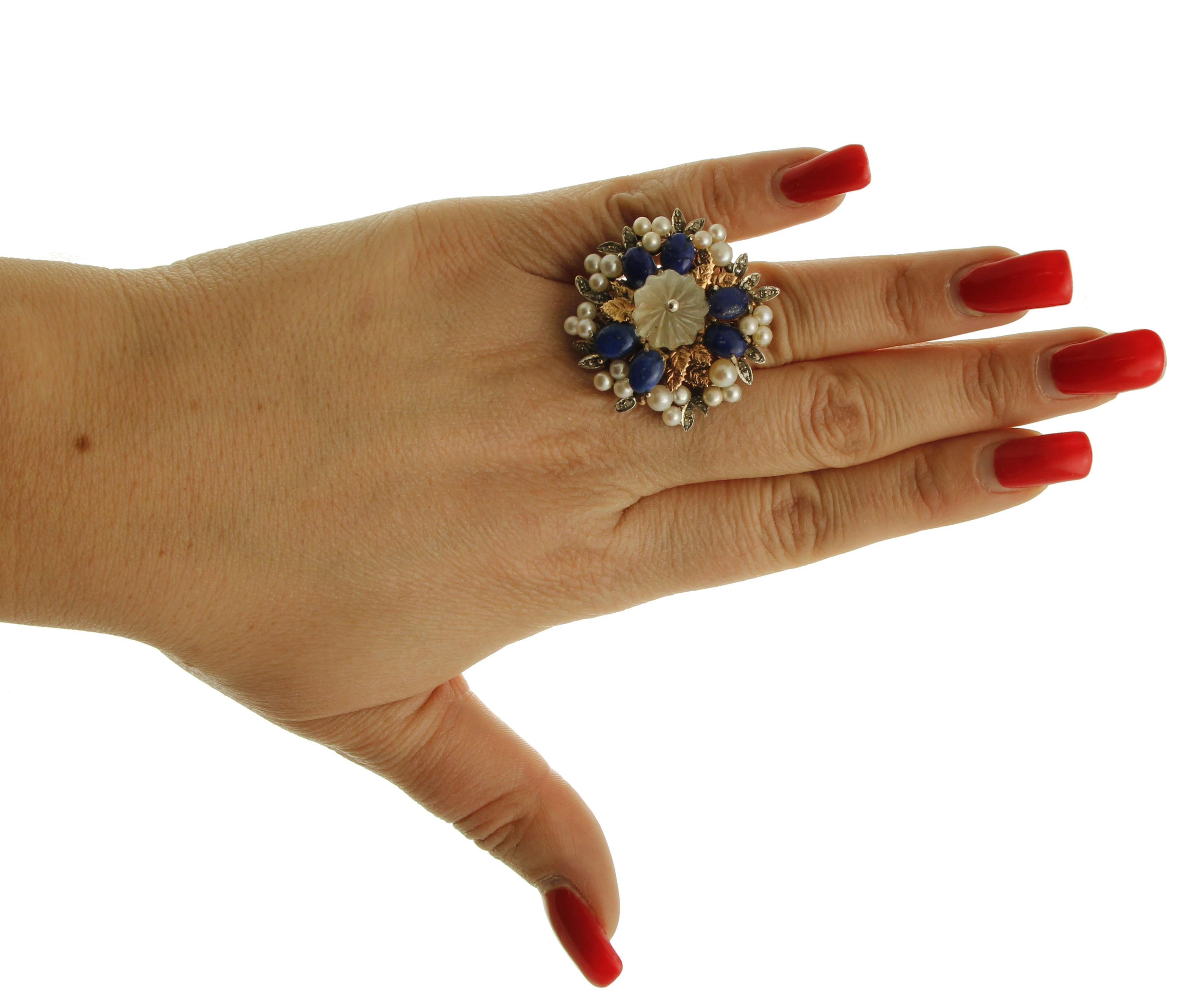 Women's Diamonds, Lapis Lazuli, Rock Crystal, Pearls, 9 Karat Rose Gold and Silver Ring For Sale