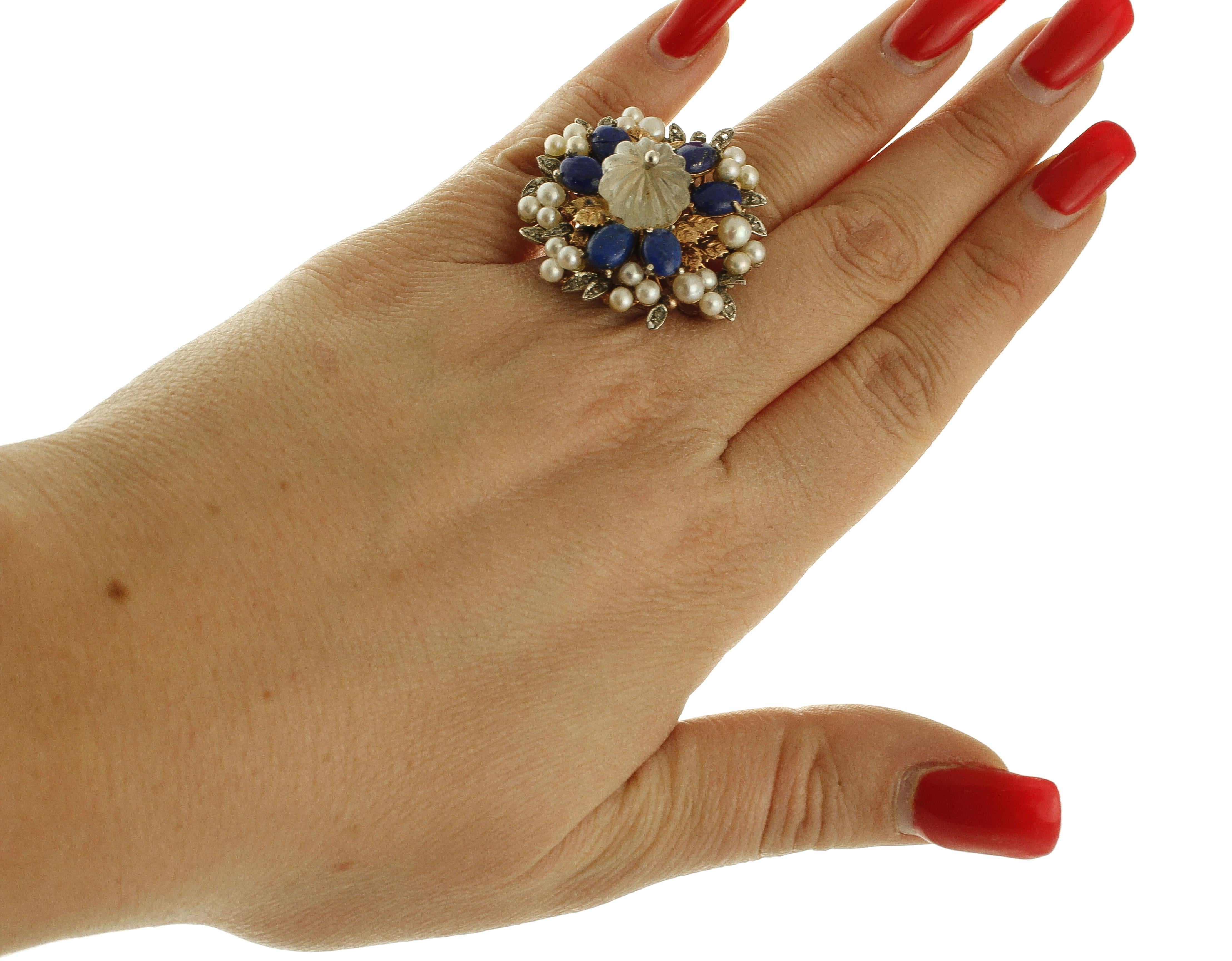Diamonds, Lapis Lazuli, Rock Crystal, Pearls, 9 Karat Rose Gold and Silver Ring For Sale 1