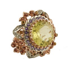 Diamonds Lemon Citrine Amethysts Yellow Topazes Garnets Rose Gold, Silver Ring