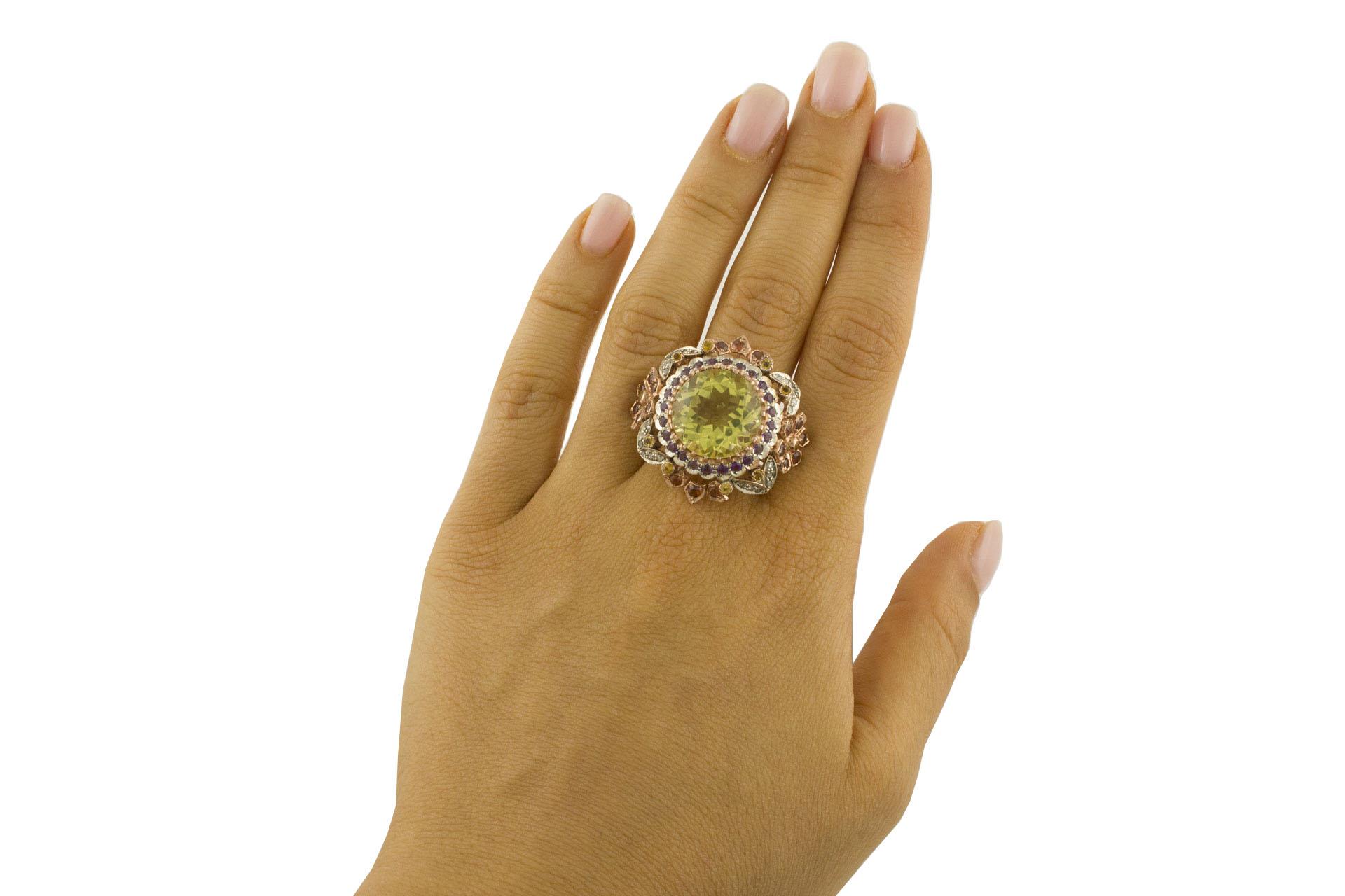 Women's Diamonds Lemon Citrine Amethysts Yellow Topazes Garnets Rose Gold, Silver Ring For Sale