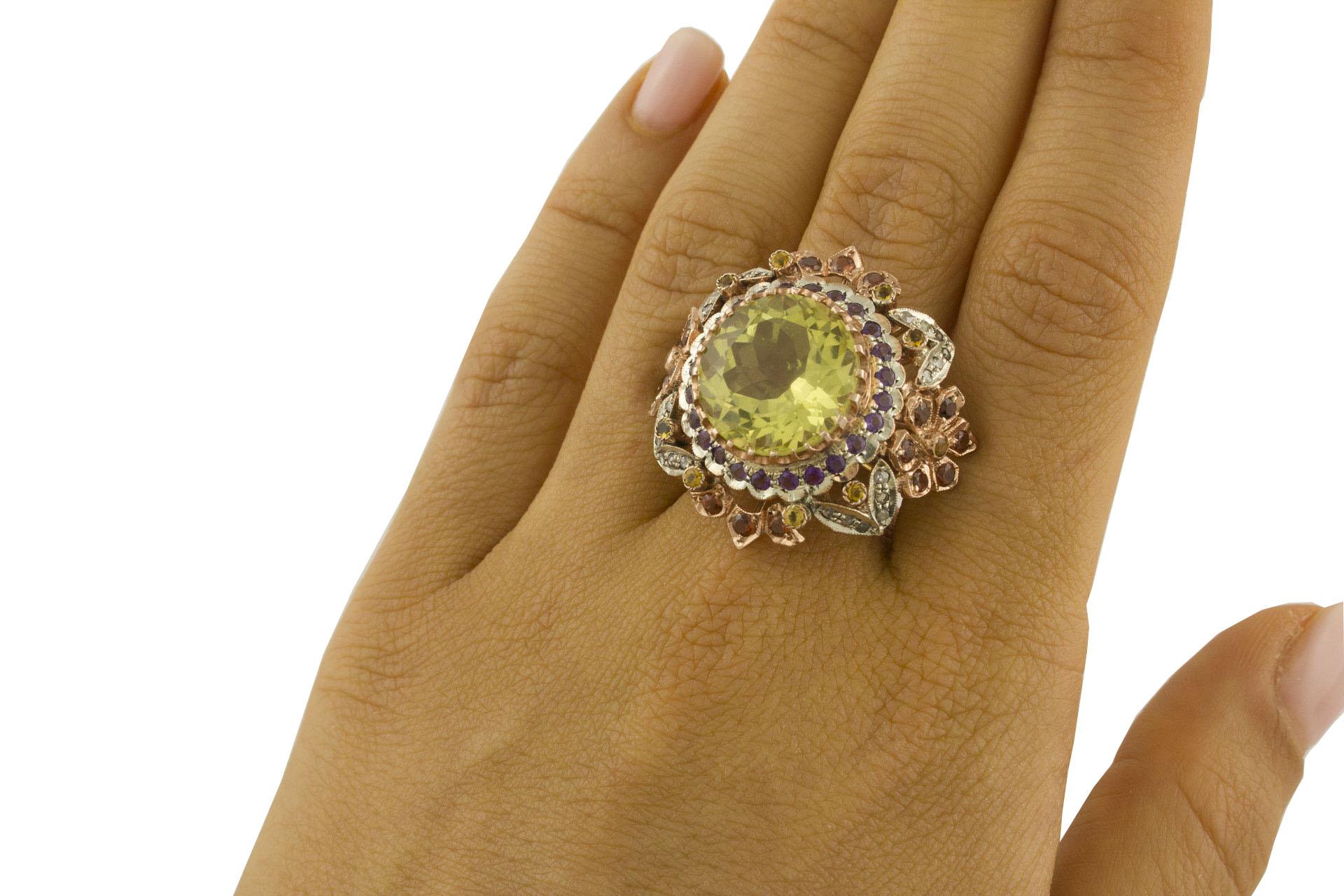 Diamanten Zitrone Citrin Amethysten Gelbe Topase Granate Rose Gold, Silber Ring im Angebot 1