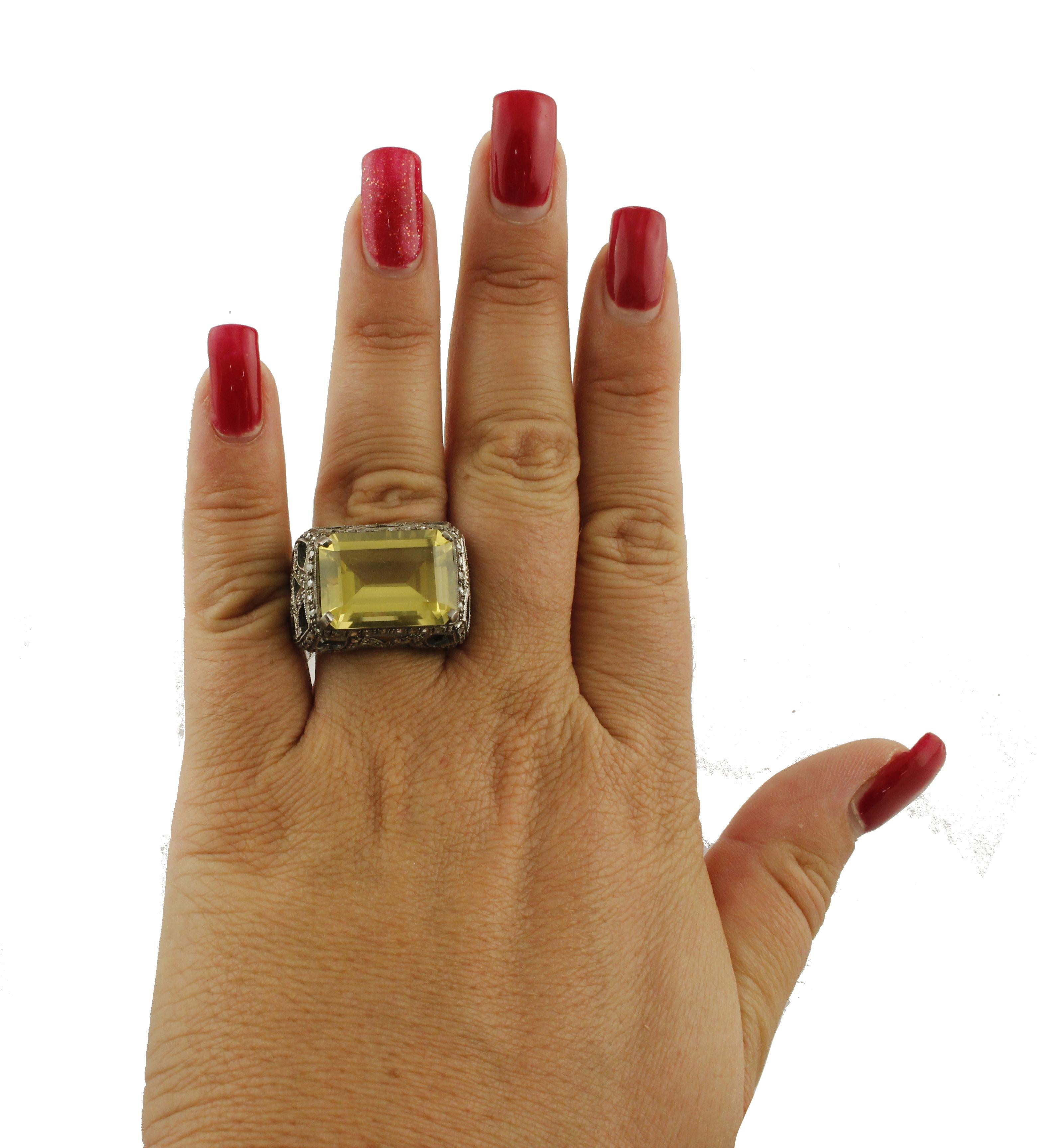 Women's Diamonds Lemon Citrine Rose Gold and Silver Cocktail Ring