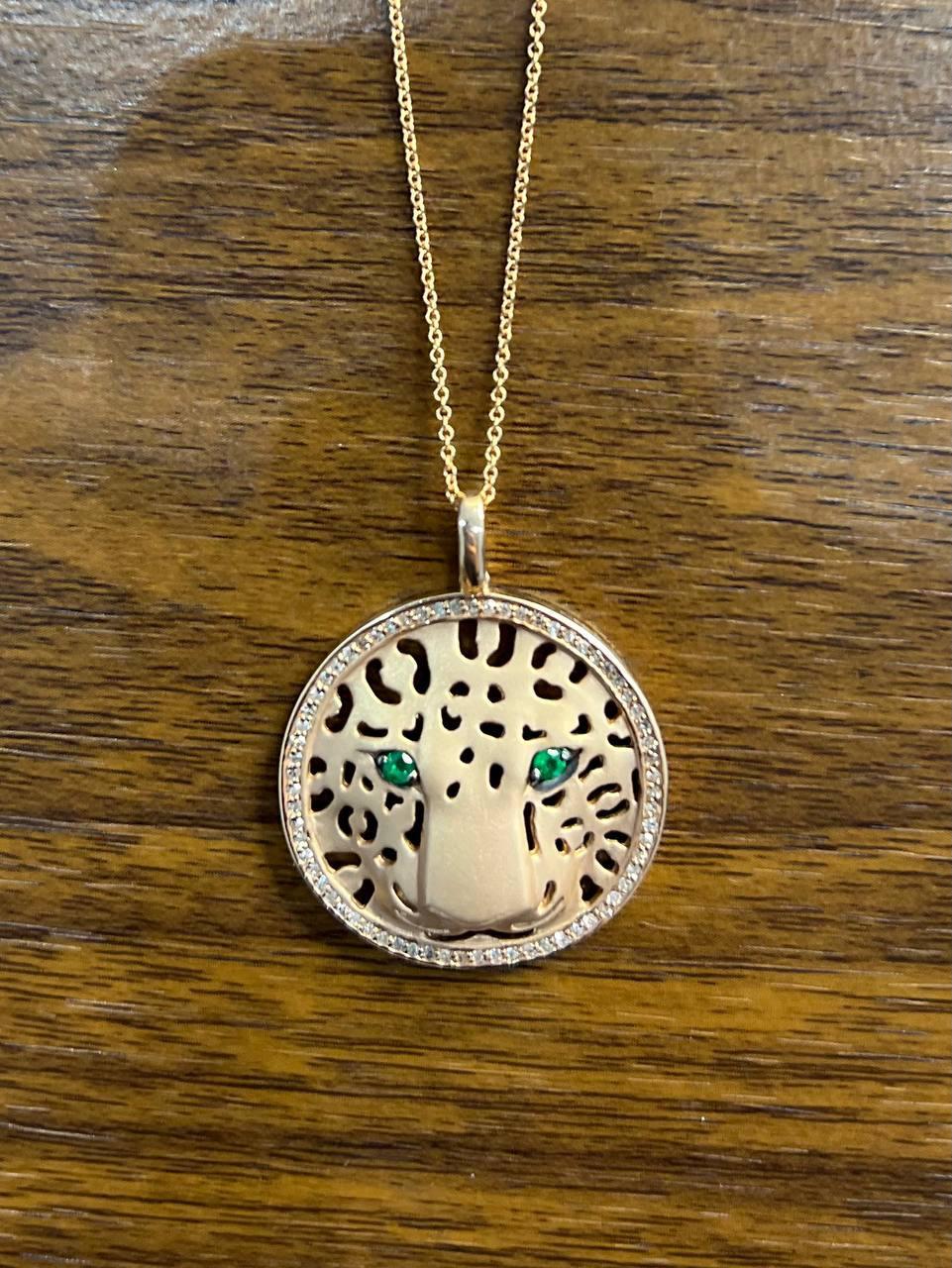 Diamonds Leopard Jaguar Panther Tiger Halo Rose Gold Pendant Medallion Necklace For Sale 1