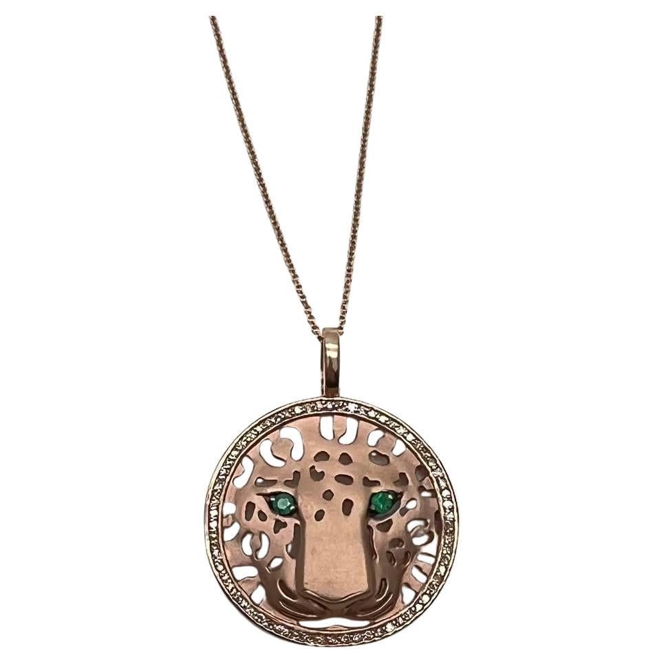 Diamonds Leopard Jaguar Panther Tiger Halo Rose Gold Pendant Medallion Necklace For Sale
