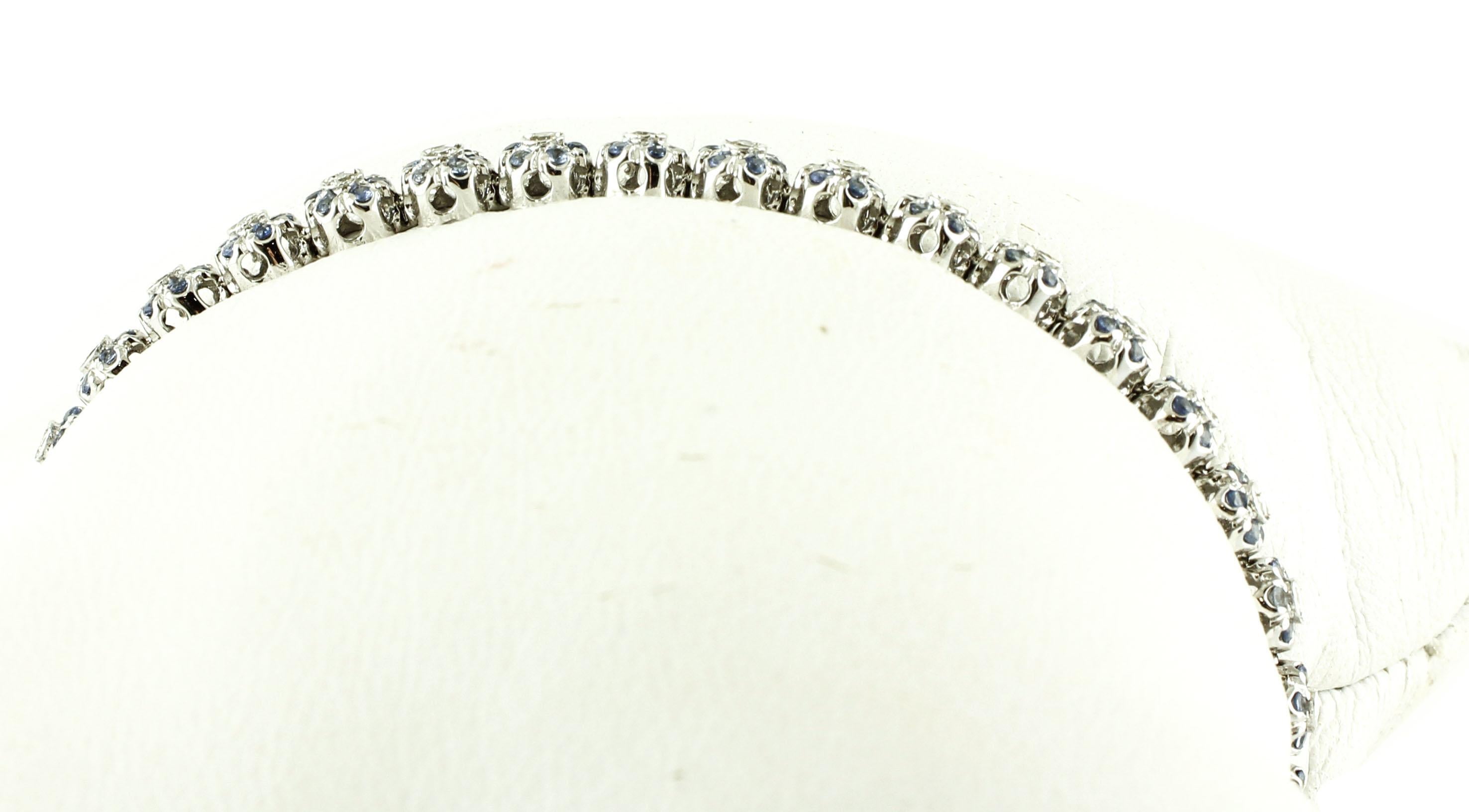 Retro Diamonds, Light Blue Sapphires, 14 Karat White Gold Link Bracelet For Sale