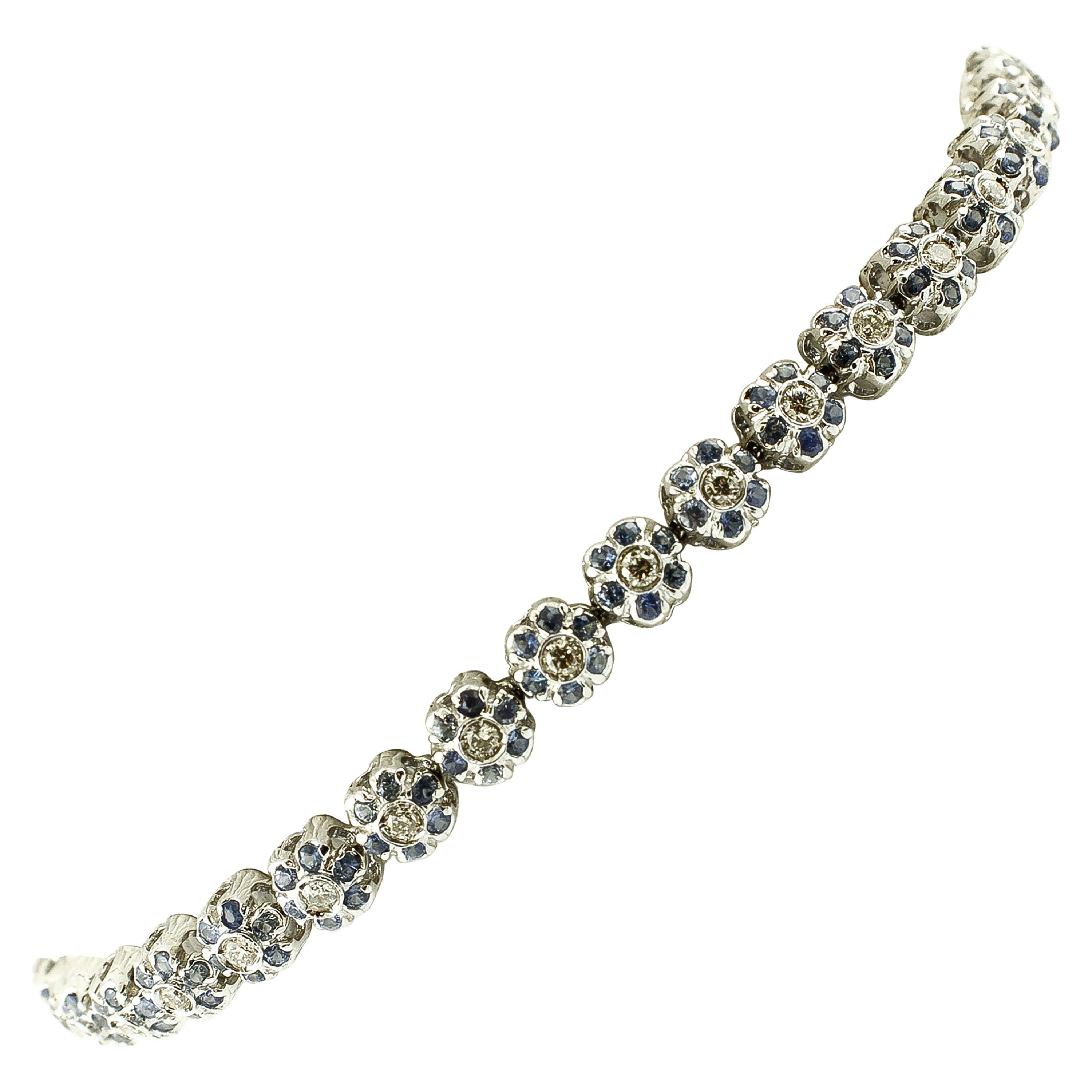 Diamonds, Light Blue Sapphires, 14 Karat White Gold Link Bracelet For Sale