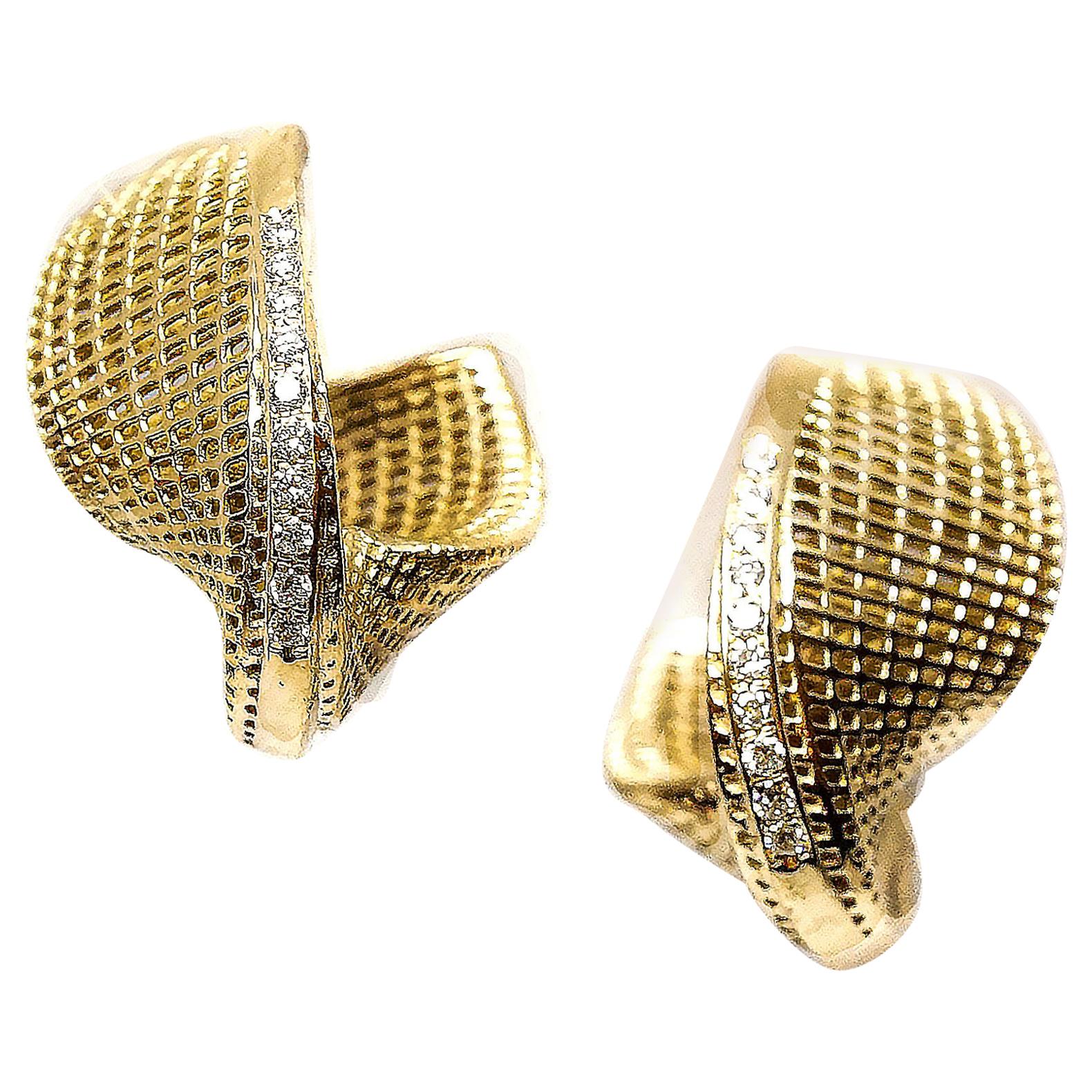 18 Karat Yellow Gold Diamonds Line- Statement Hoop Earrings, Small Mobius,  For Sale