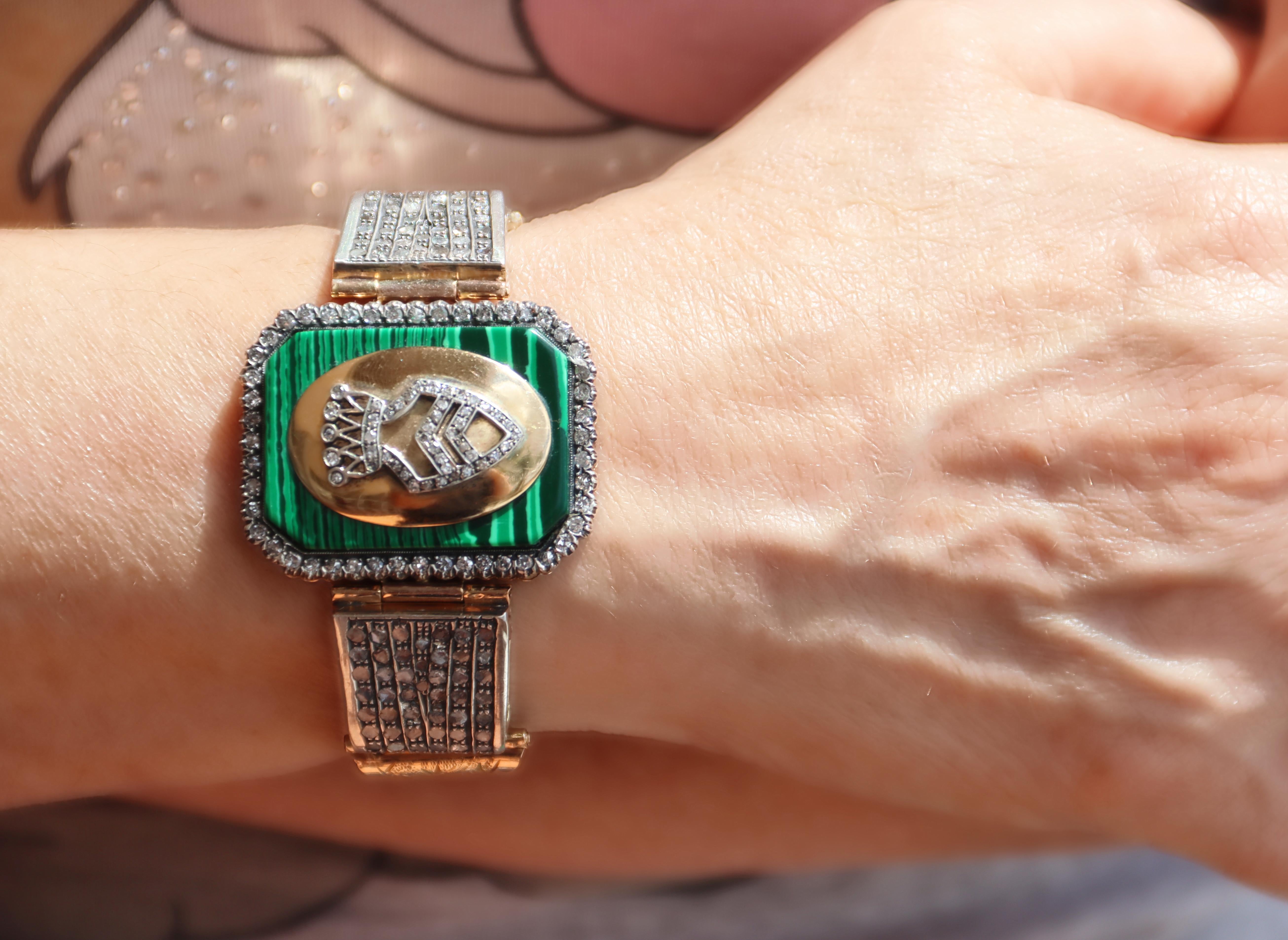 Bracelet manchette en or jaune 14 carats avec diamants et malachite en vente 4