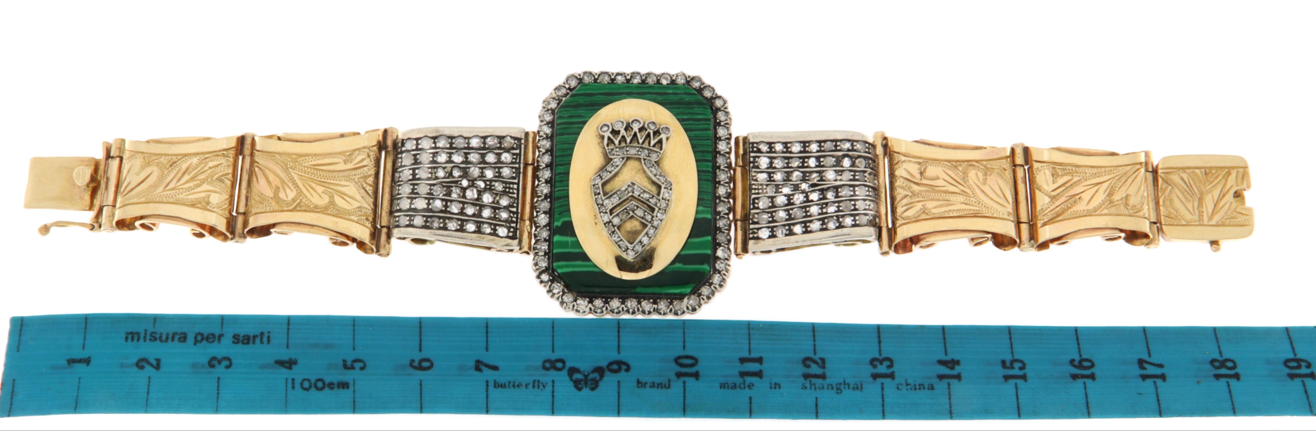 Bracelet manchette en or jaune 14 carats avec diamants et malachite Neuf - En vente à Marcianise, IT