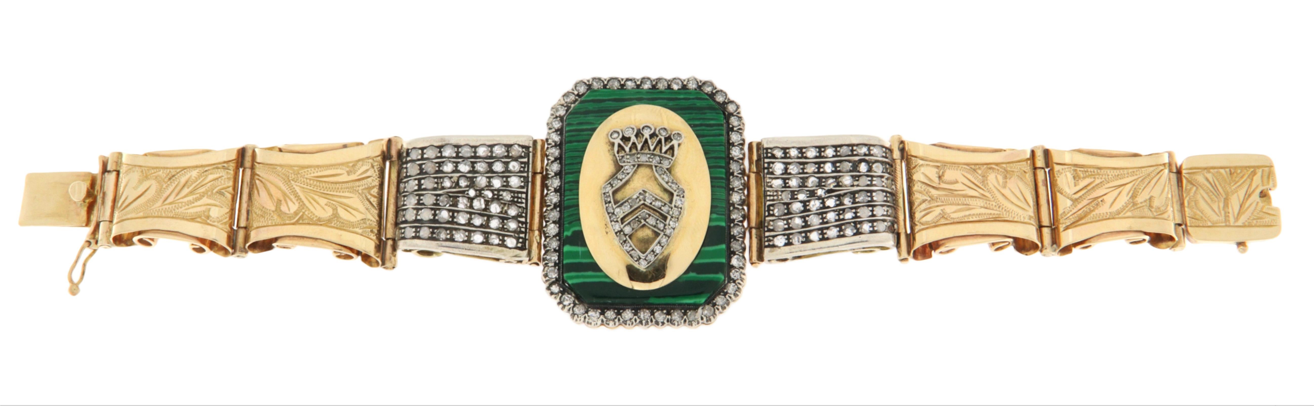 Bracelet manchette en or jaune 14 carats avec diamants et malachite Pour femmes en vente