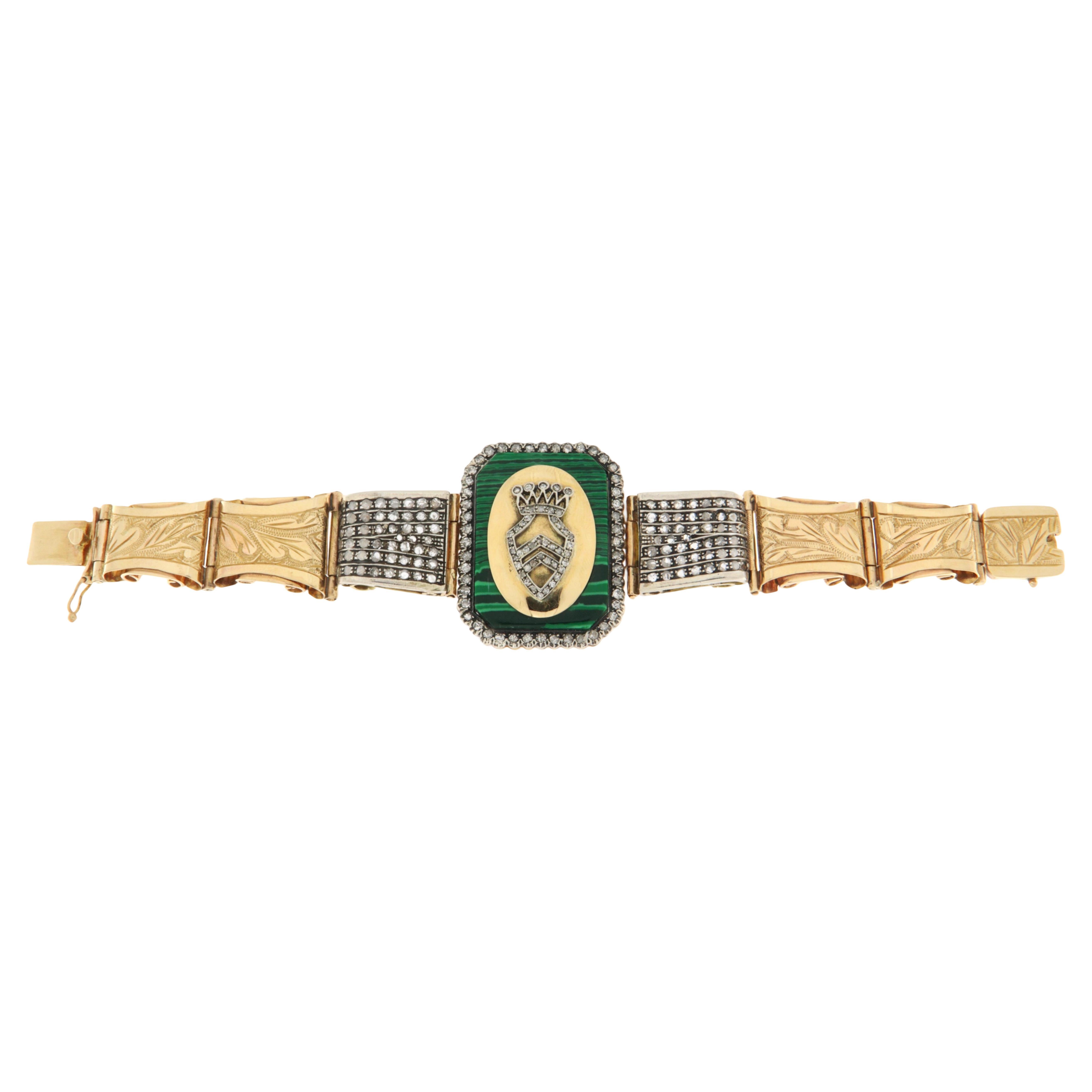 Diamonds Malachite 14 Karat Yellow Gold Cuff Bracelet
