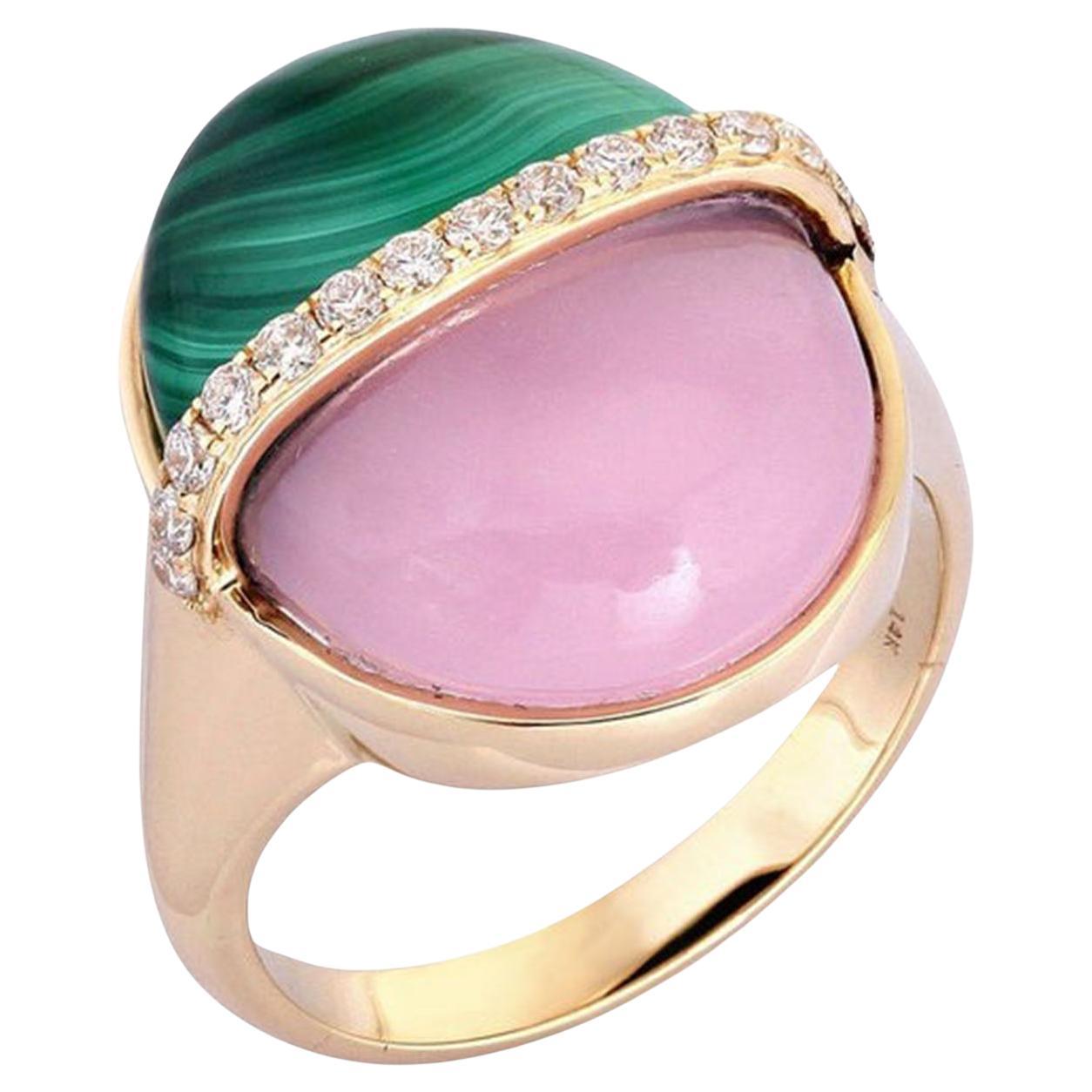 7,70 Karat Malachit, rosa Quarz und Diamant – Siegelring aus 14-karätigem Gelbgold