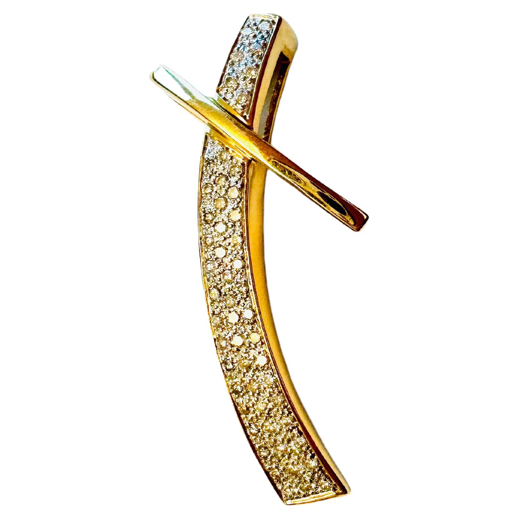 Diamonds Modern French Cross 18kt Yellow and White Gold  For Sale