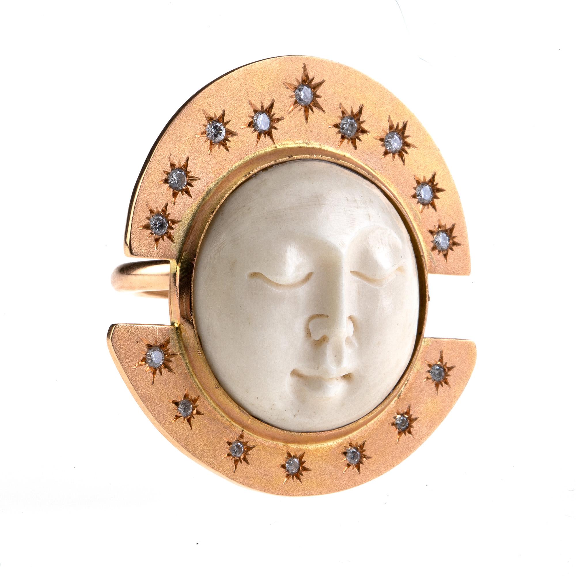 Women's or Men's Diamonds Moon Stars 18 Karat Rose Gold Ring