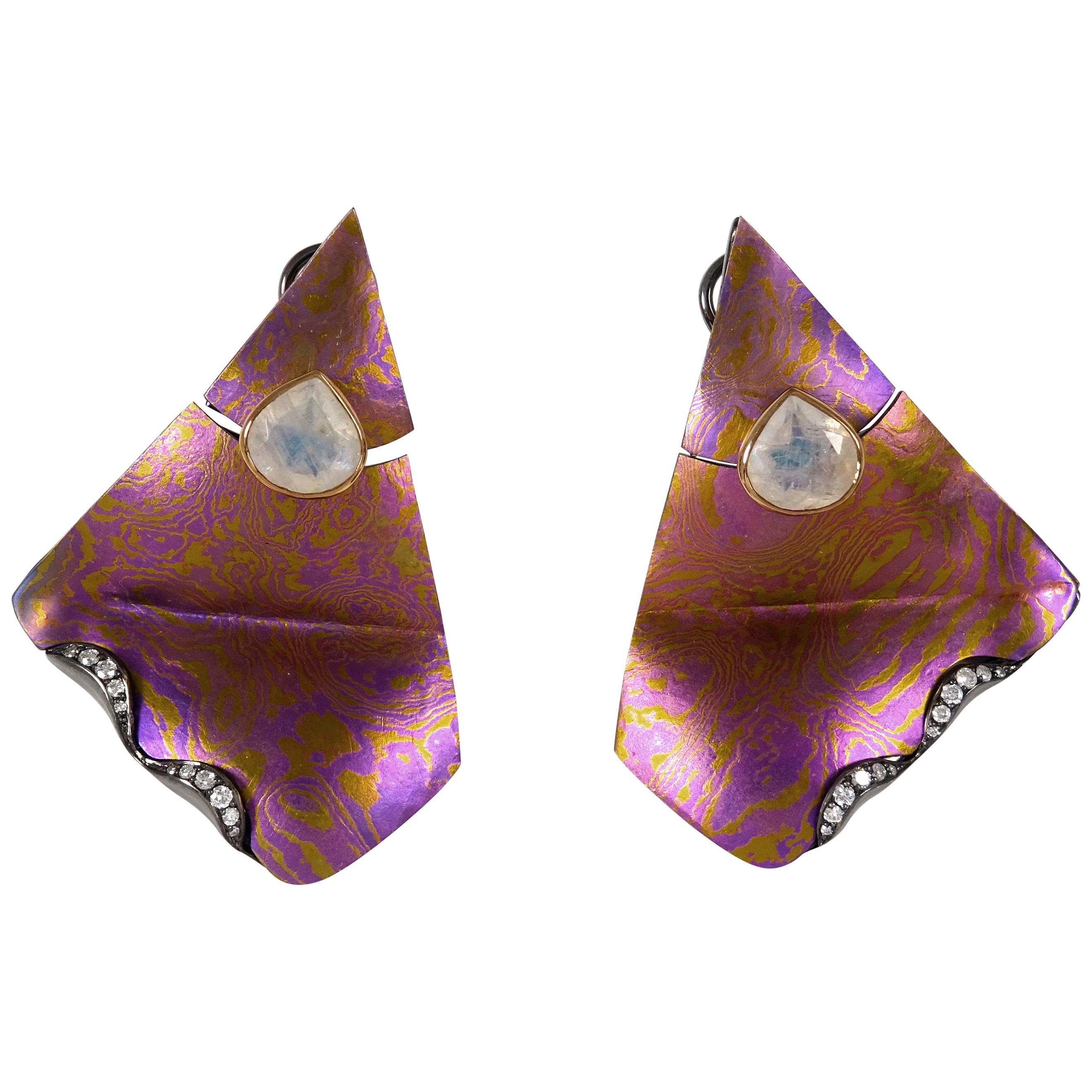 Diamonds Moonstones 18 Karat Gold Sterling Silver Pink Yellow Timascus Earrings For Sale