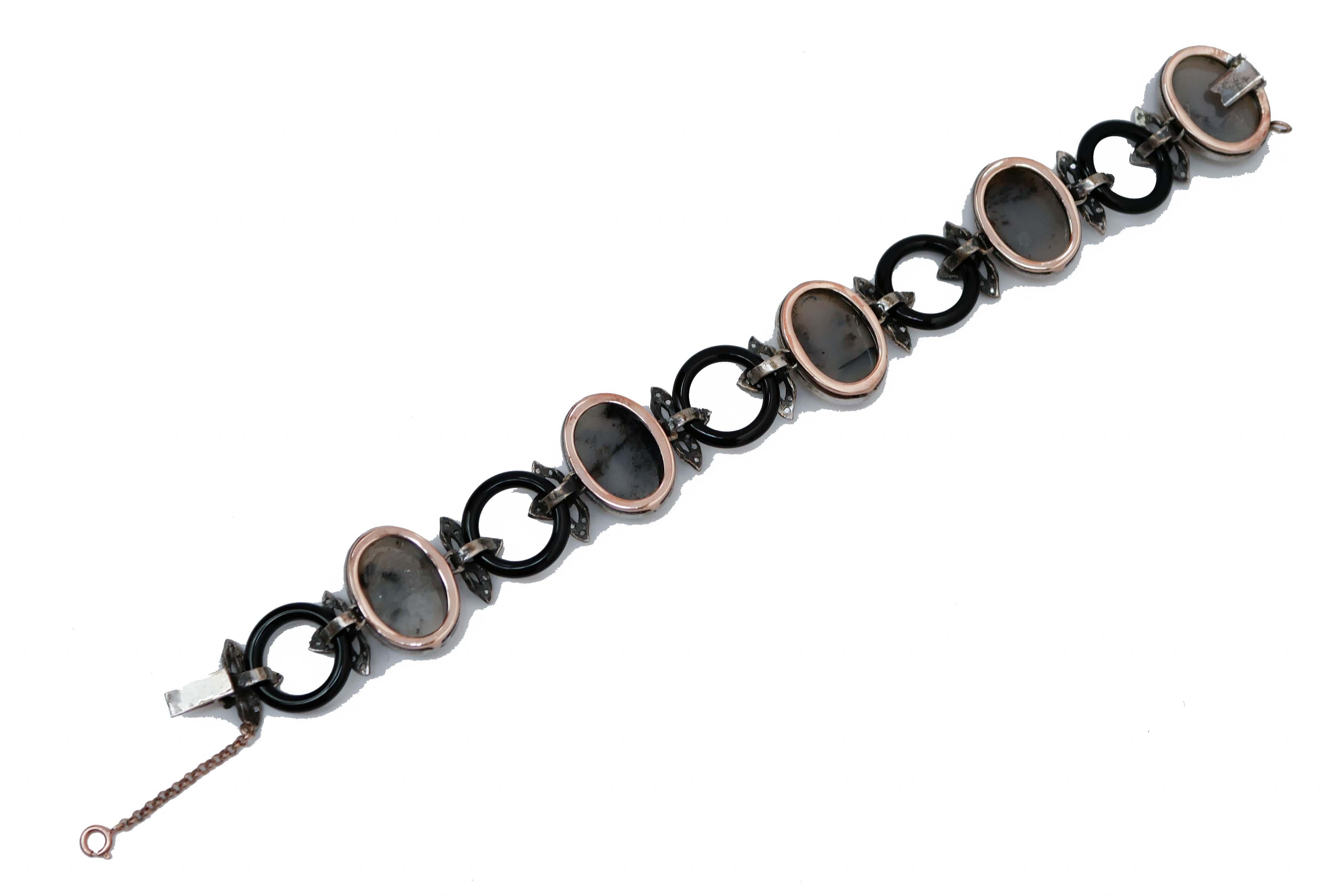 Retro Diamonds, Moss Agate, Onyx, Rose Gold and Silver Link Bracelet. For Sale