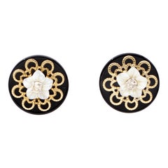 Diamonds, Mother-of-Pearl Flowers, Onyx, Rose Gold Stud Earrings