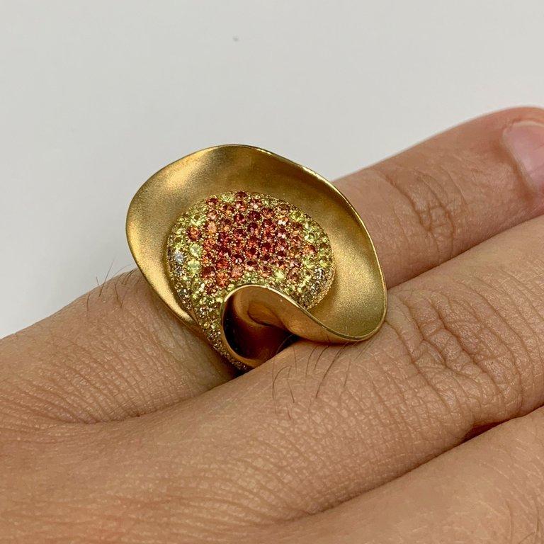 Diamonds Multi-Color Sapphires 18 Karat Yellow Gold Ring For Sale 3