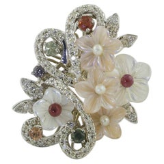 Diamonds Multi-Color Sapphires Little Pearls Mother of Pearl Gold Fashion Ring