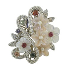 Diamonds Multi-Color Sapphires Little Pearls Mother-of-Pearl Gold Fashion Ring