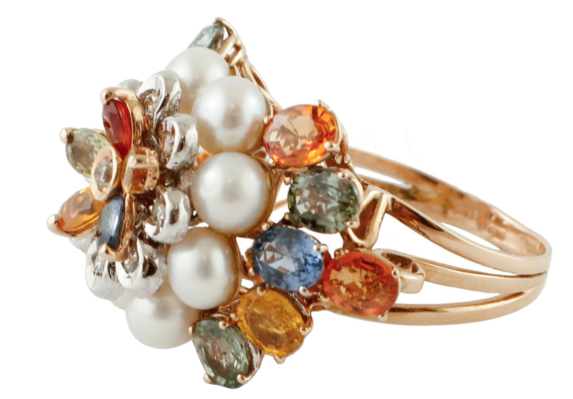 Retro Diamonds, Multi-Color Sapphires, Little Pearls, Rose and White Gold, Flower Ring