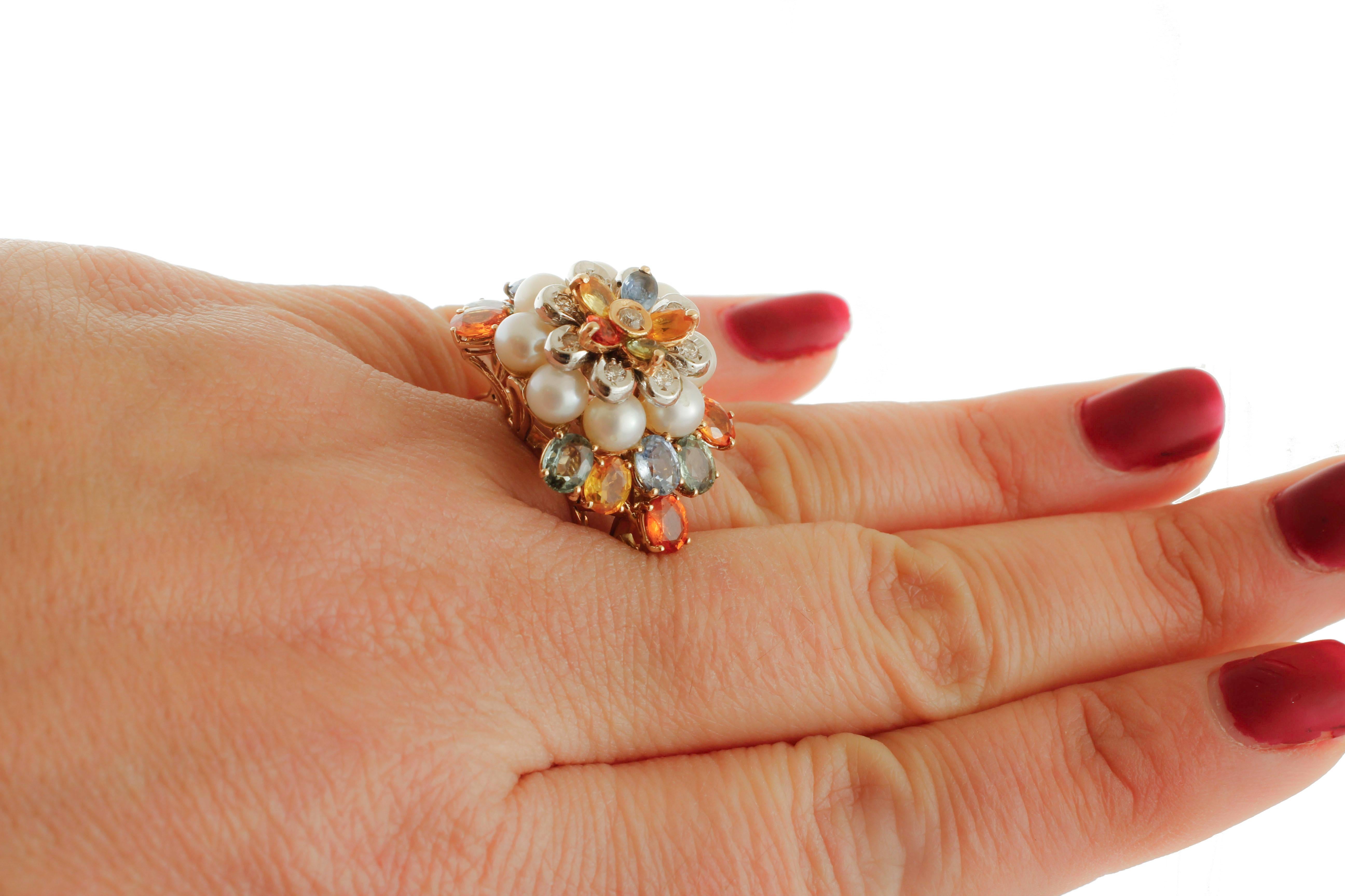 Diamonds, Multi-Color Sapphires, Little Pearls, Rose and White Gold, Flower Ring 1