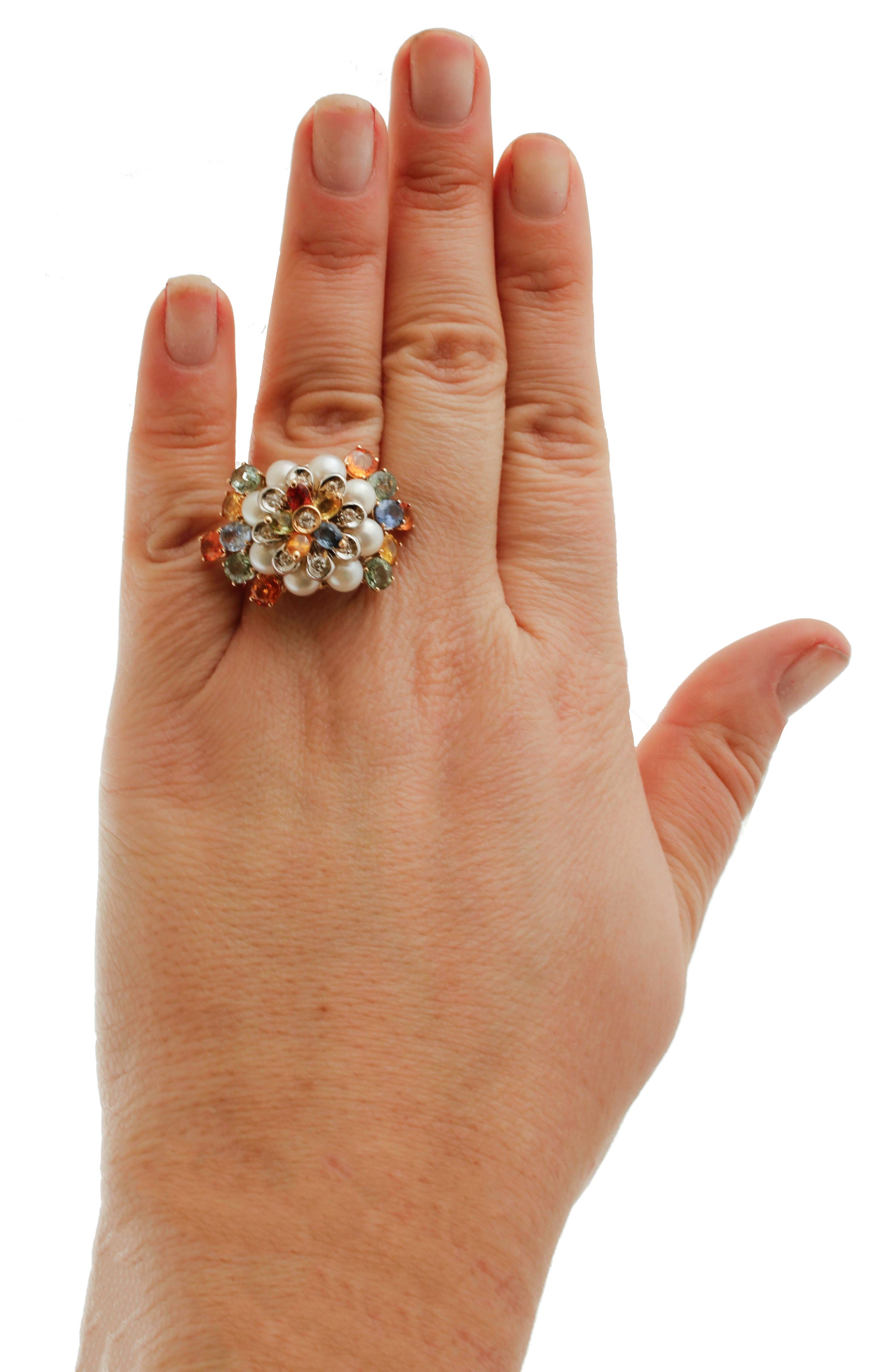 Diamonds, Multi-Color Sapphires, Little Pearls, Rose and White Gold, Flower Ring 2