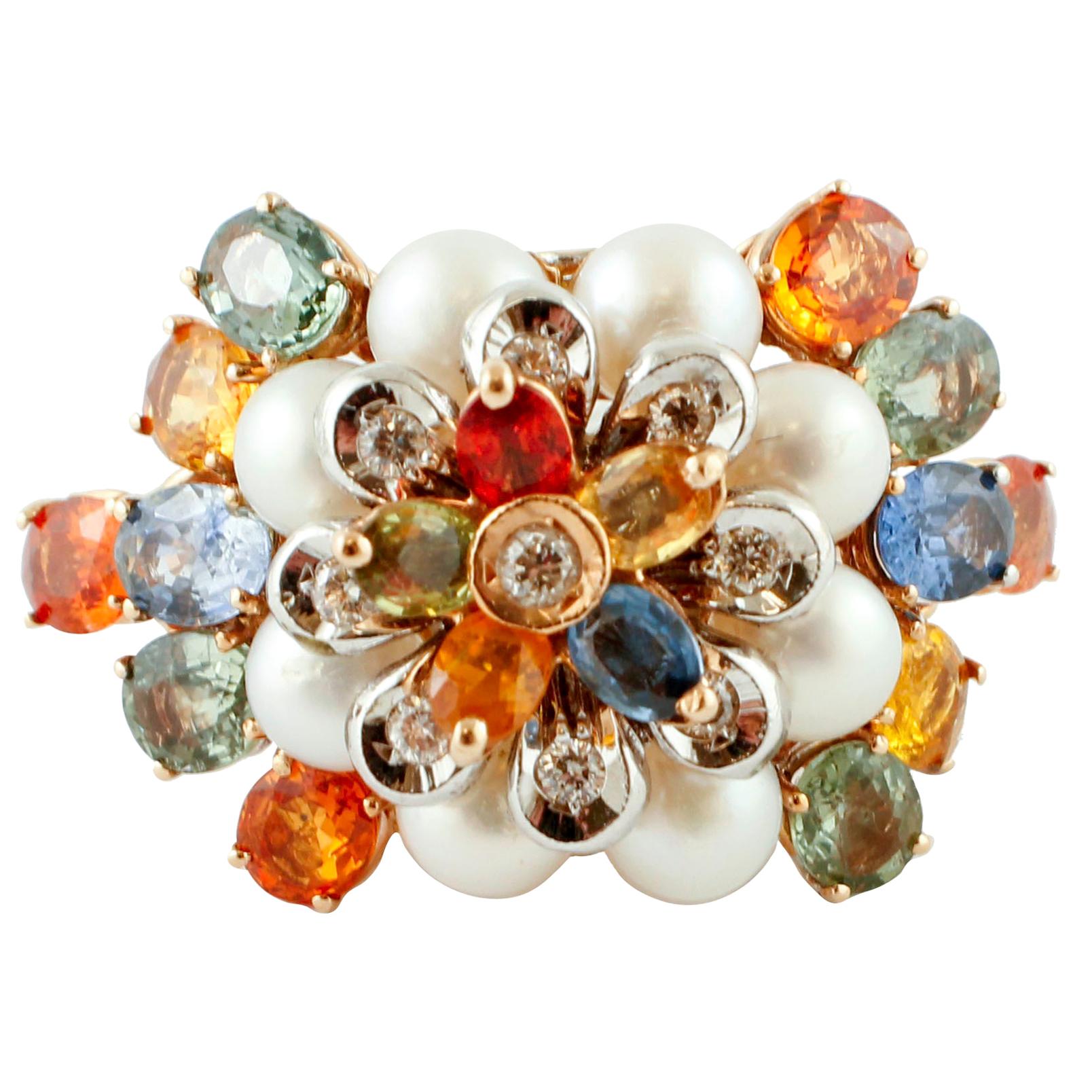 Diamonds, Multi-Color Sapphires, Little Pearls, Rose and White Gold, Flower Ring