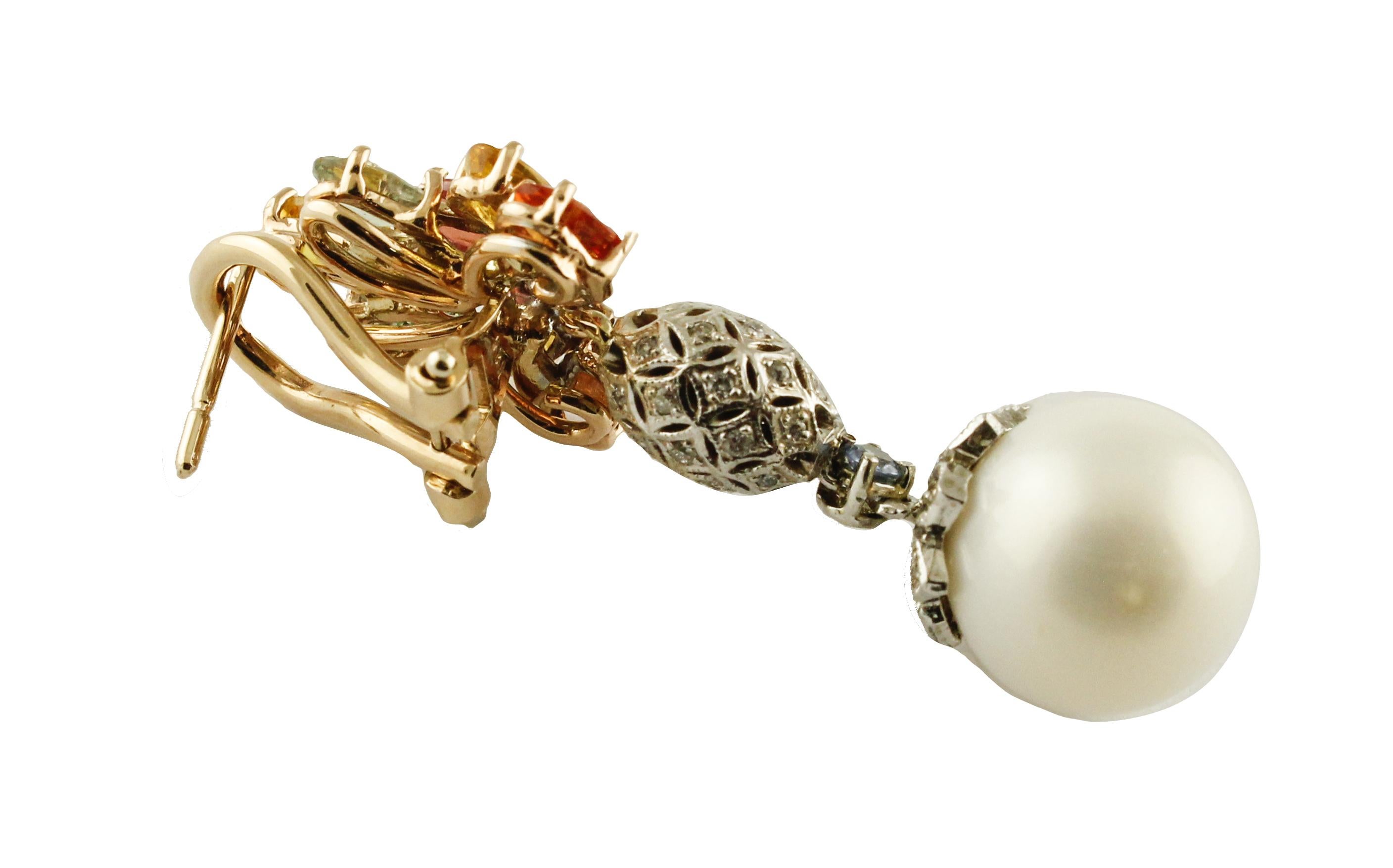 Ohrringe aus Weiß- und Roségold mit Diamanten, mehrfarbigen Saphiren und Perlen (Retro) im Angebot
