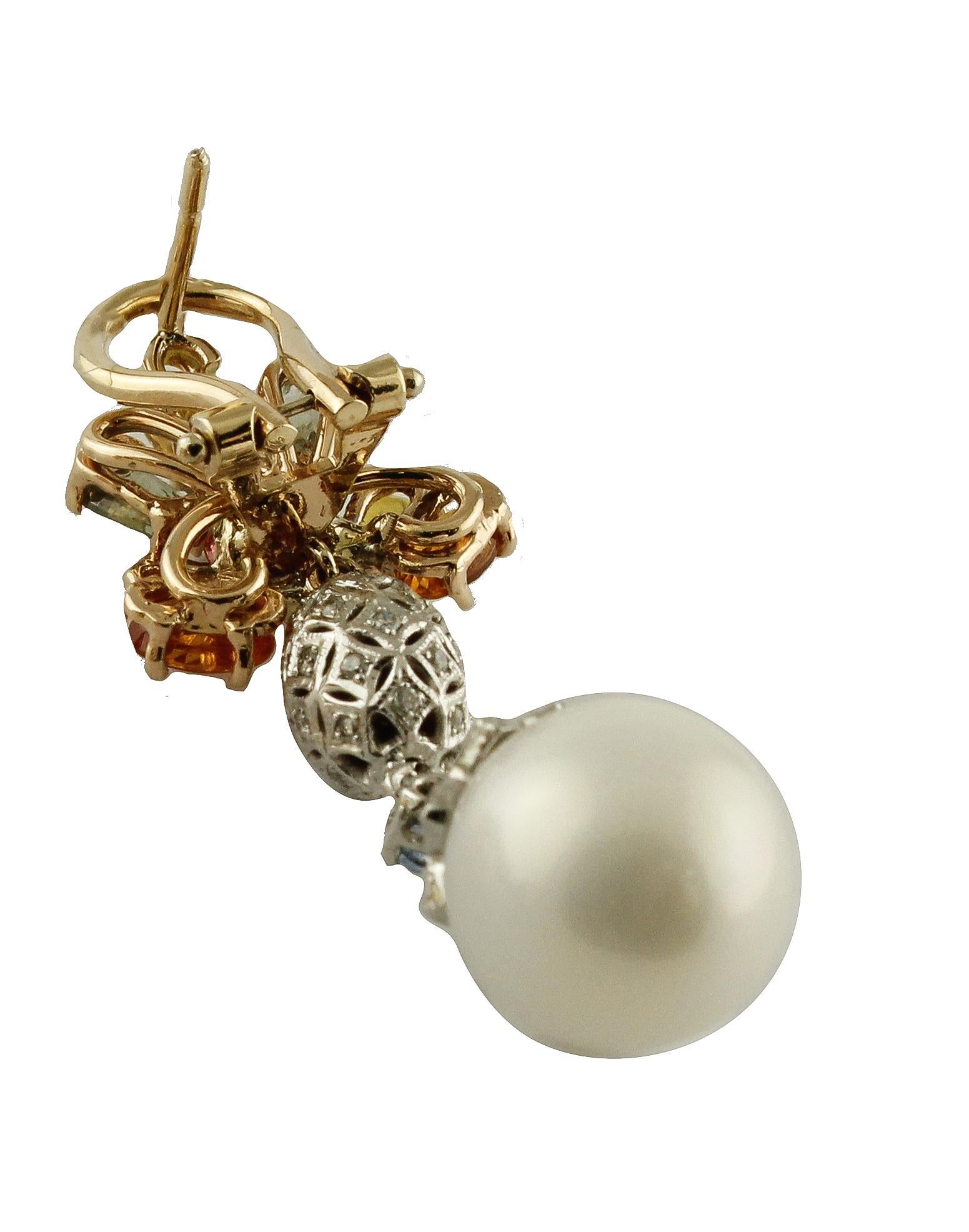 Ohrringe aus Weiß- und Roségold mit Diamanten, mehrfarbigen Saphiren und Perlen (Gemischter Schliff) im Angebot