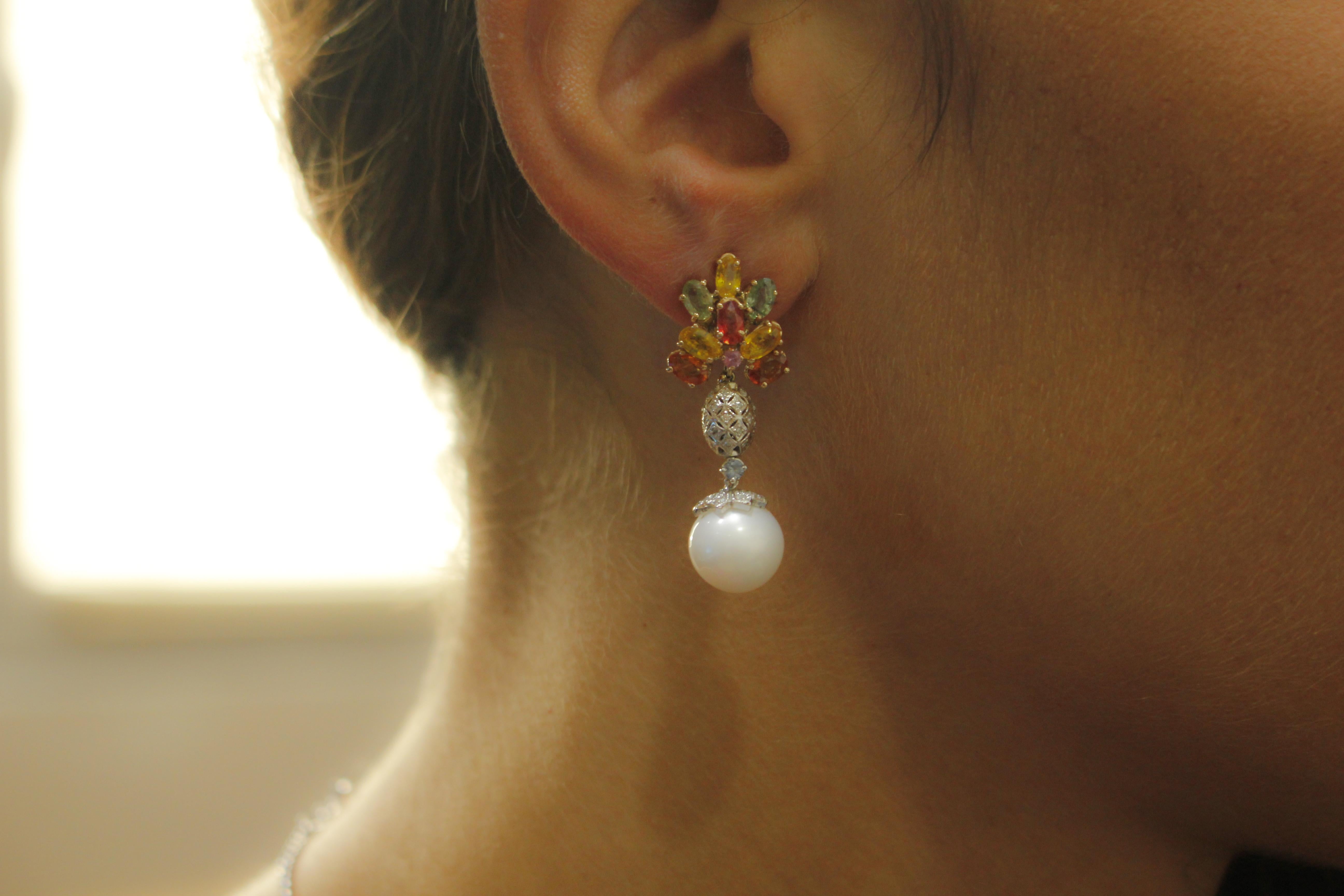 Women's Diamonds Multi-Color Sapphires Pearls White and Rose Gold Earrings For Sale