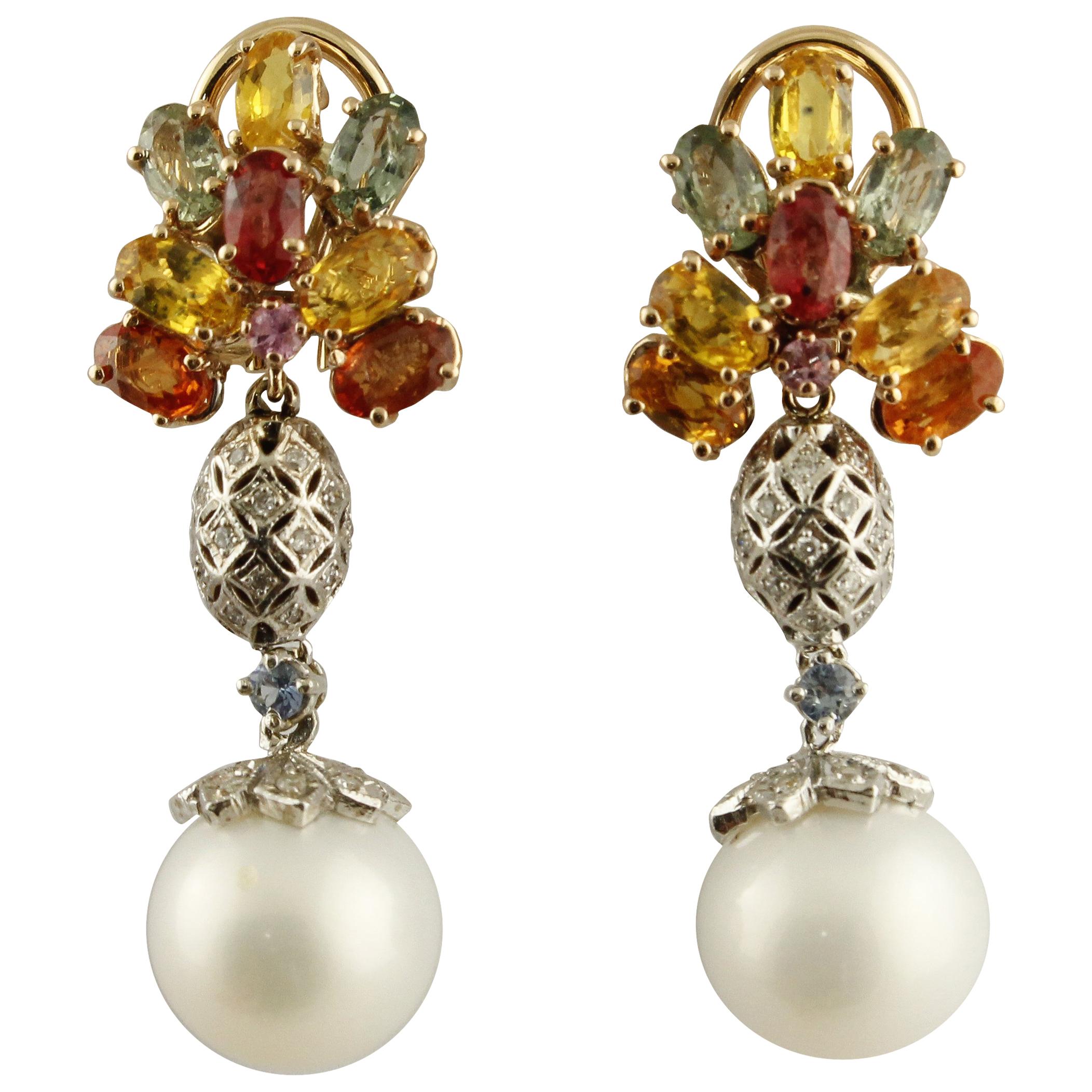Boucles d'oreilles en or blanc et rose avec diamants, saphirs multicolores et perles