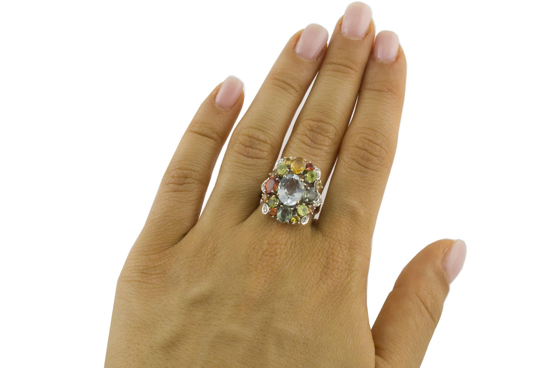 Diamonds Multi-Color Sapphires Peridots Aquamarine White Gold Ring 2
