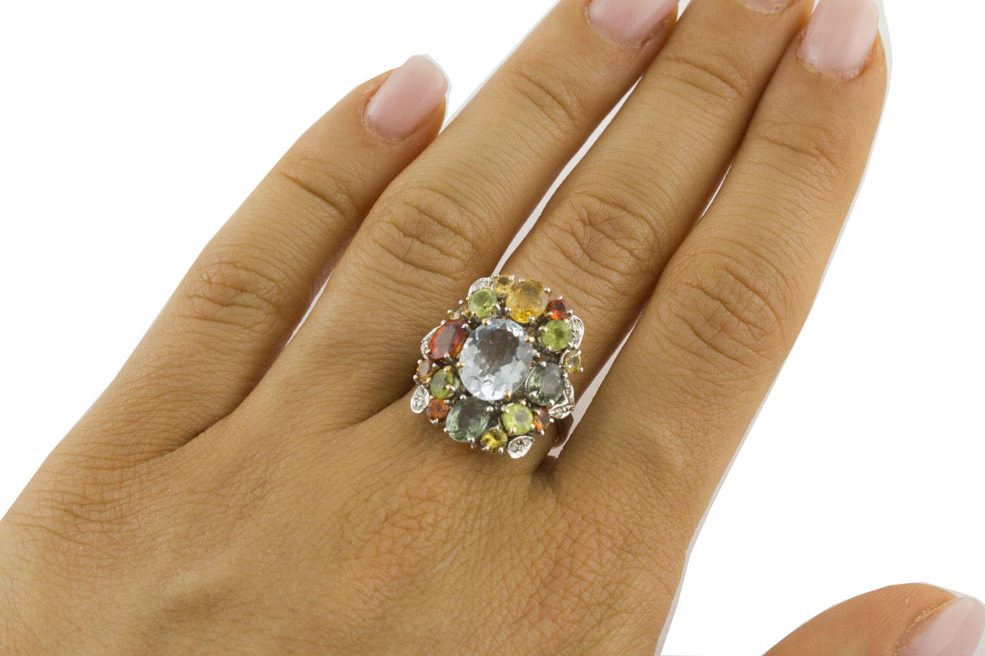 Diamonds Multi-Color Sapphires Peridots Aquamarine White Gold Ring 3