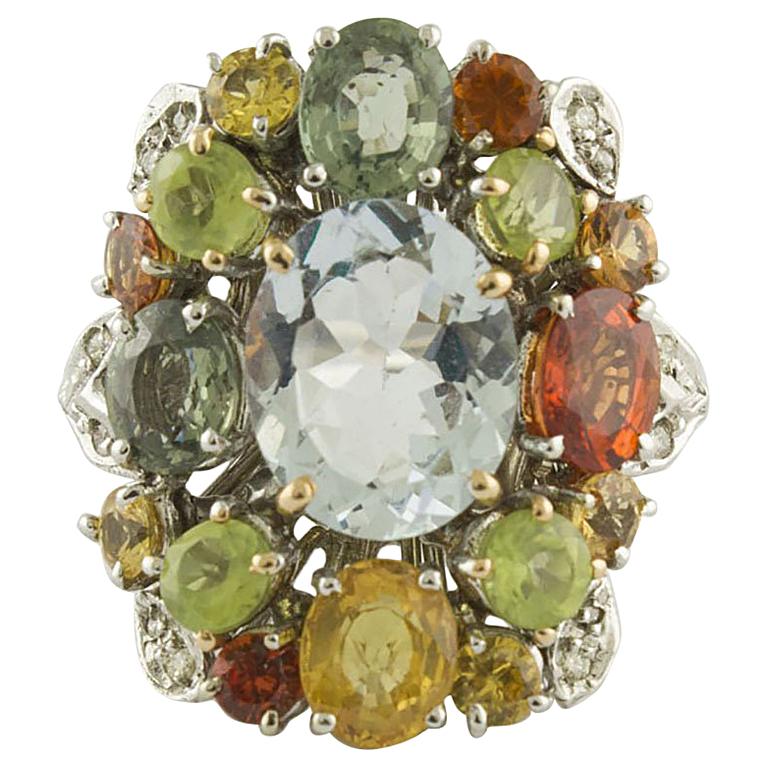 Diamonds Multi-Color Sapphires Peridots Aquamarine White Gold Ring