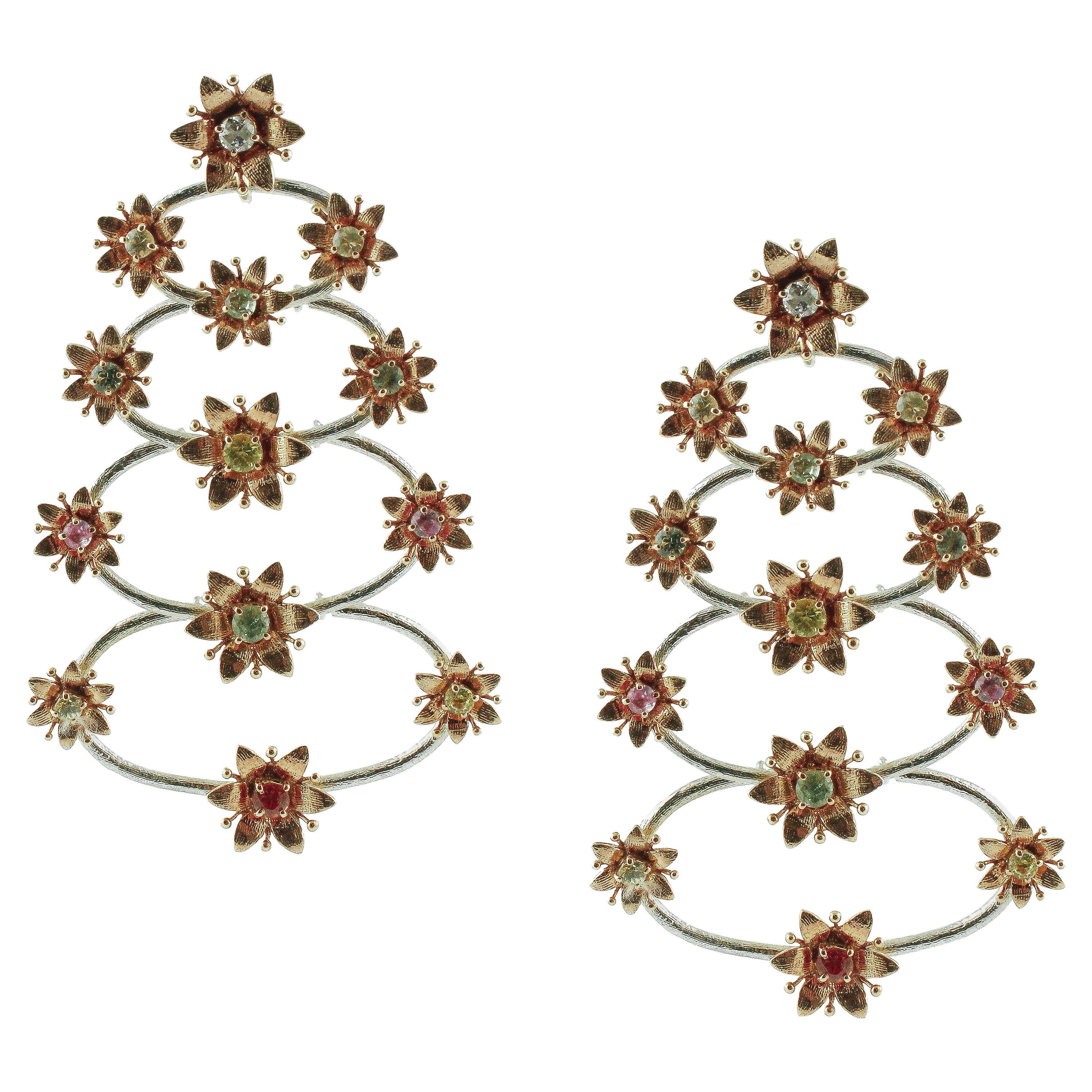 Diamonds Multi-Color Sapphires Rose and White Gold Floral Theme Earrings