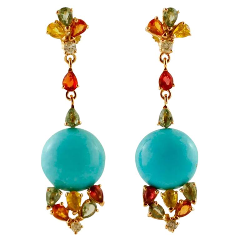 Diamonds, Multi-Color Sapphires, Turquoise, 14 Karat Rose Gold Drop Earrings For Sale