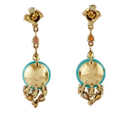 Diamonds, Multi-Color Sapphires, Turquoise, 14 Karat Rose Gold Drop Earrings