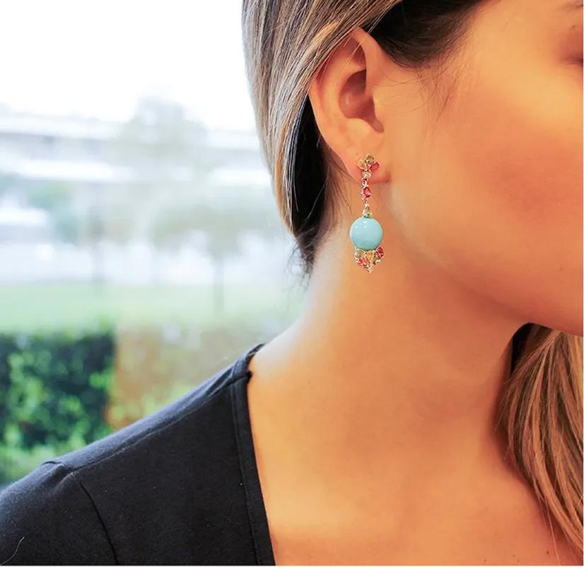 Retro Diamonds, Multi-Color Sapphires, Turquoise, 14 Karat Rose Gold Drop Earrings For Sale
