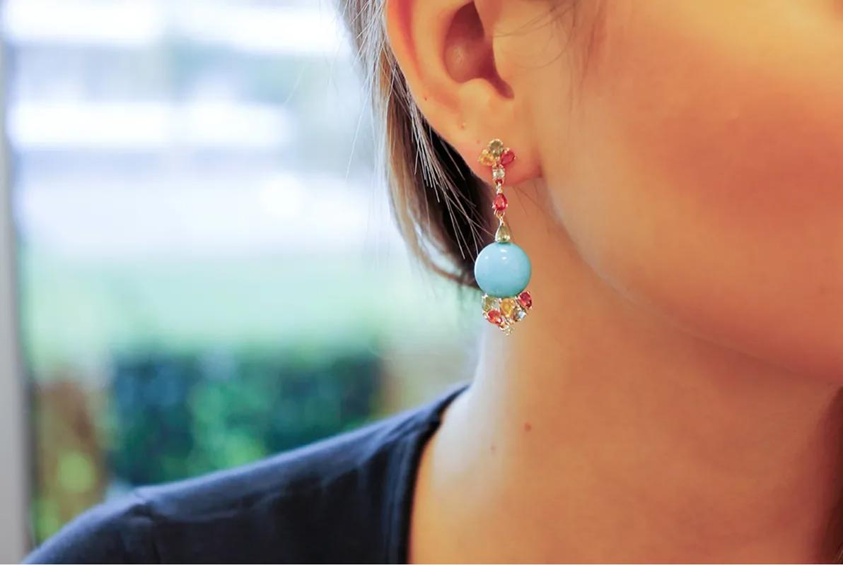 Bead Diamonds, Multi-Color Sapphires, Turquoise, 14 Karat Rose Gold Drop Earrings For Sale