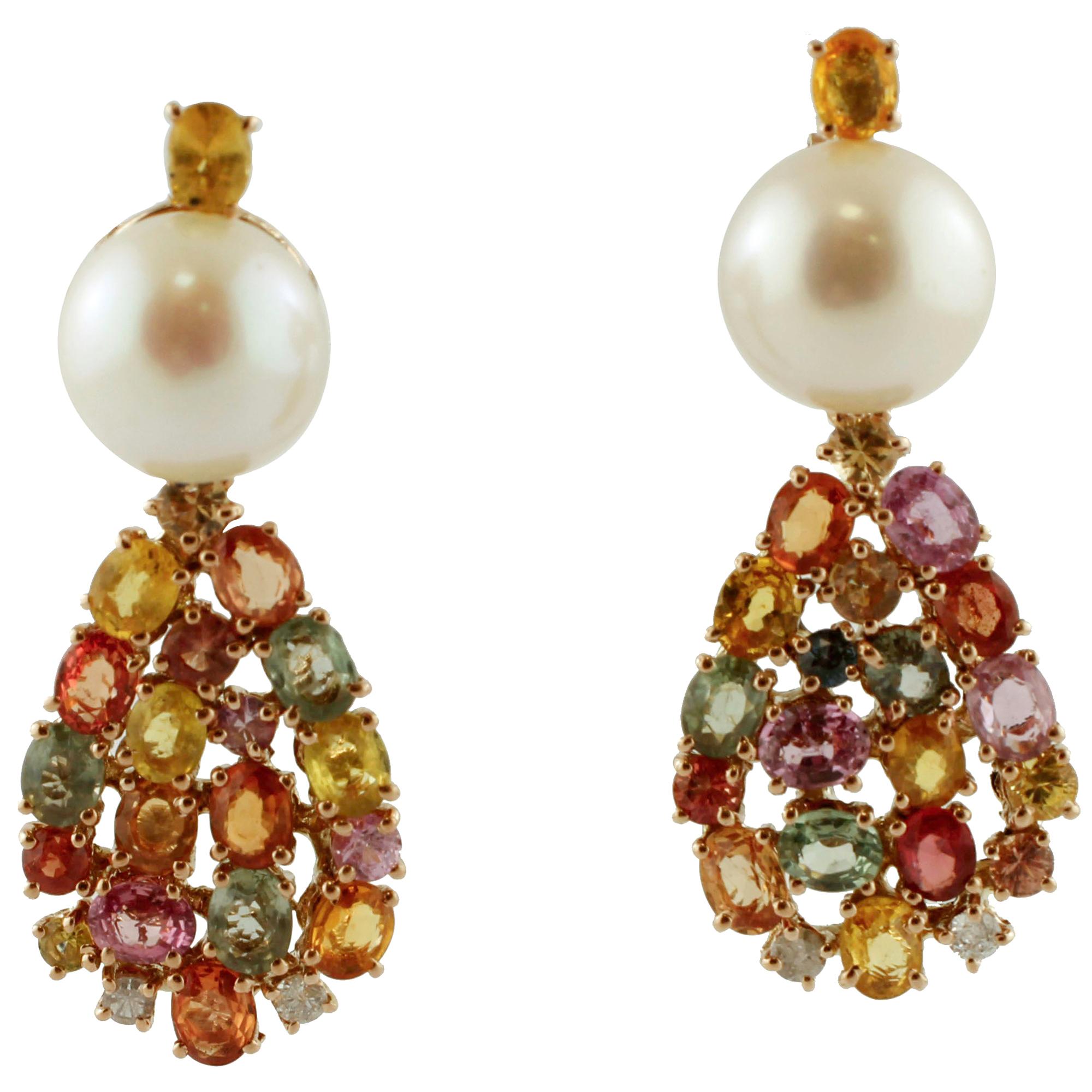 Diamonds, Multi-Color Sapphires, White Pearls 14 Karat Rose Gold Dangle Earrings