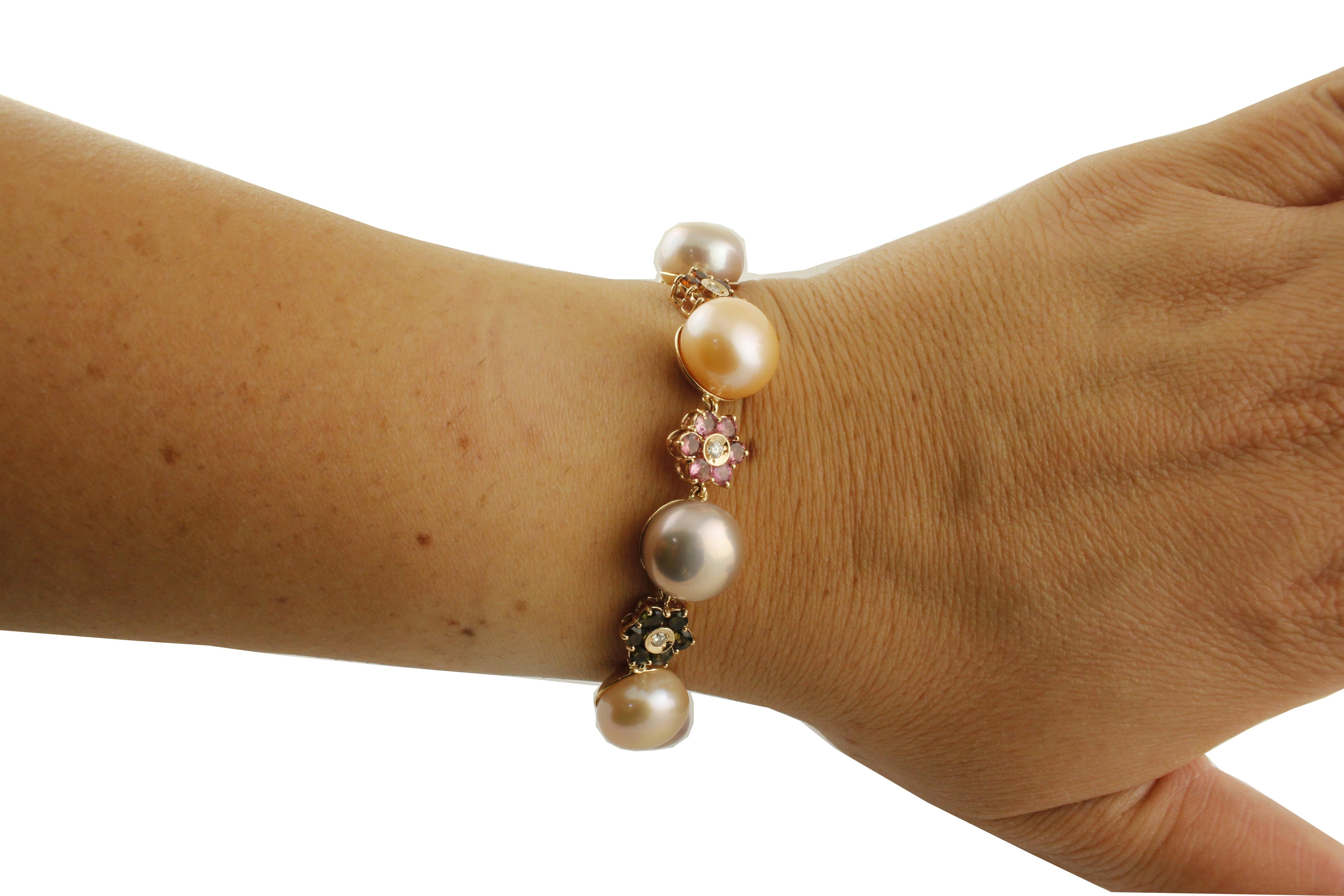 Retro Diamonds Multi-Color Tormalines Light Pink-Violet Pearls Rose Gold Link Bracelet For Sale